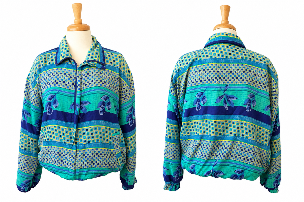 Vintage FUDA International 100% Silk Jacket Women's L Blue Green Geometric
