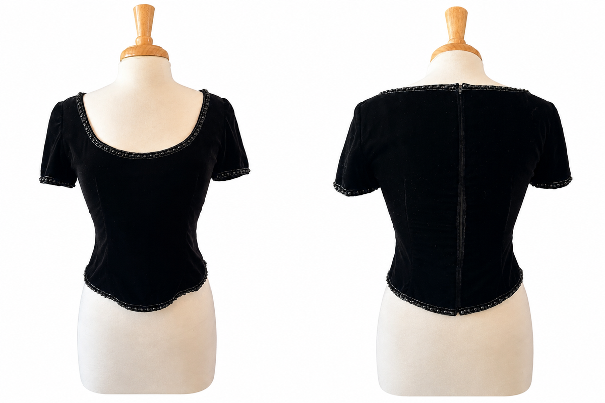 Vintage 80s VIE Victoria Royal Black Velvet Beaded Corset Top Size 6