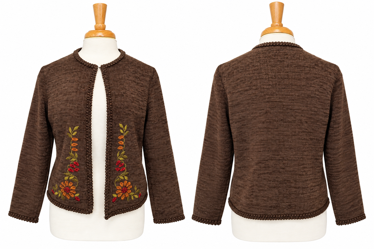 Vintage Koret Brown Embroidered Floral Cardigan Medium