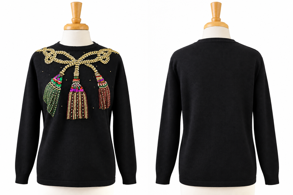 Vintage P.A. International Black Beaded Tassel Sweater Size Large-80s/90s