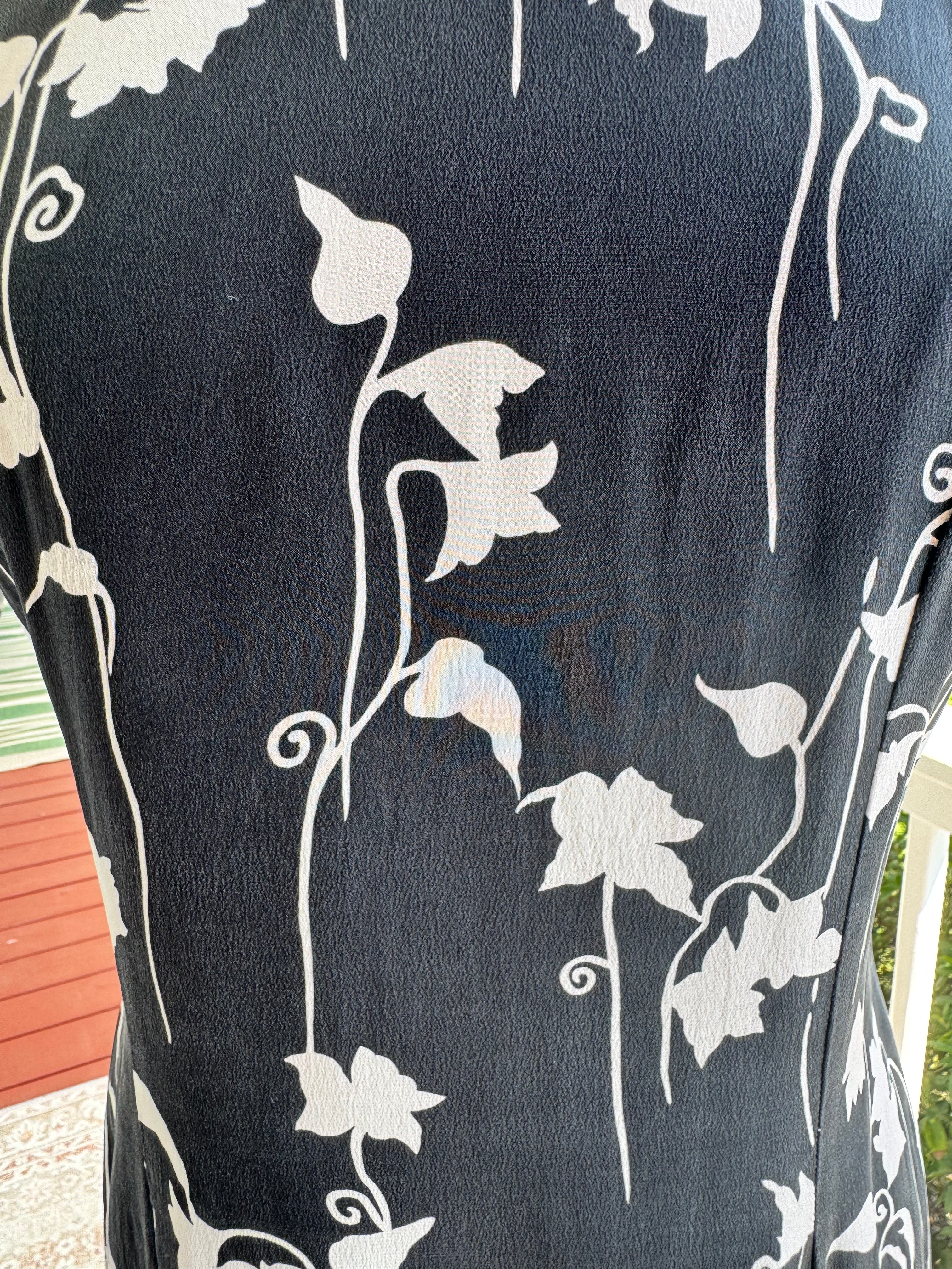 Vintage 1990s Patrick Collection 100% Silk Black & White Floral Sheath Dress