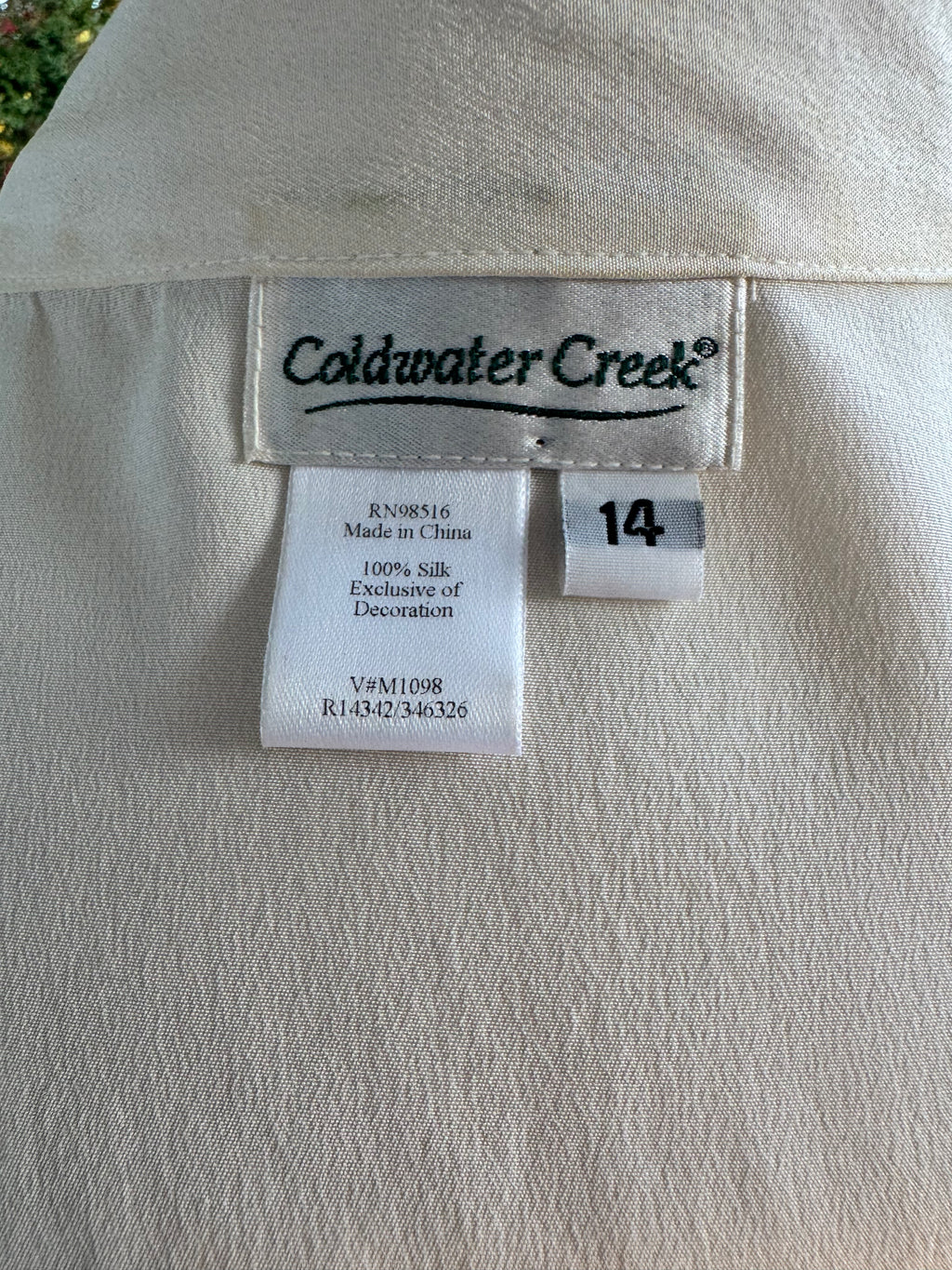 Coldwater Creek 100% Silk Blouse Women's Size 14 Ivory Mandarin Collar Top