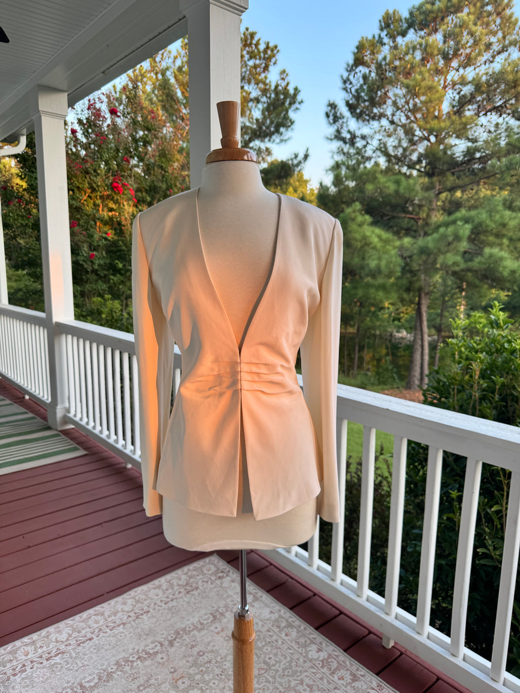 Bloomingdales 100% Silk Ivory Blazer Ruched Waist Open Front