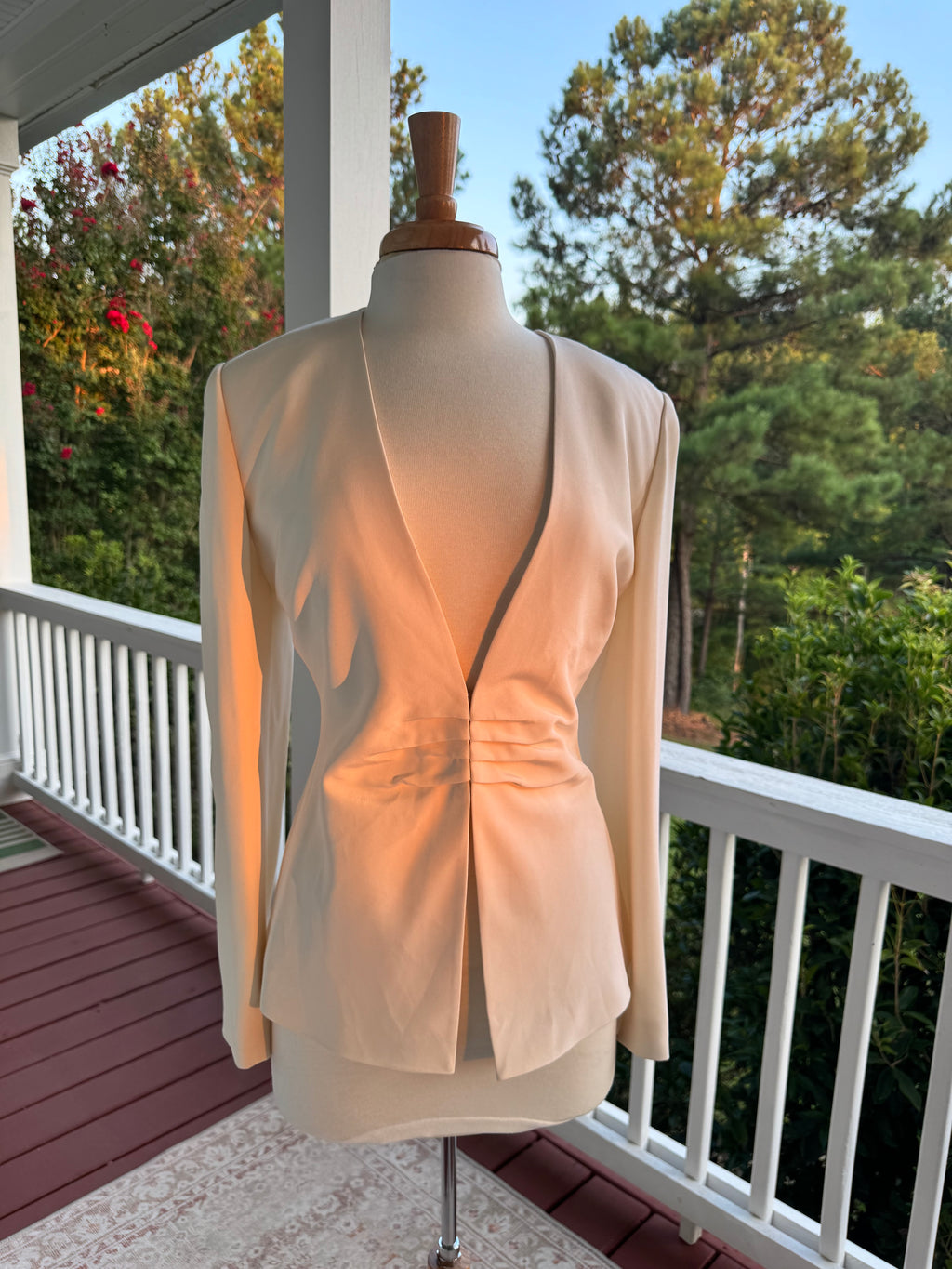 Bloomingdales 100% Silk Ivory Blazer Ruched Waist Open Front