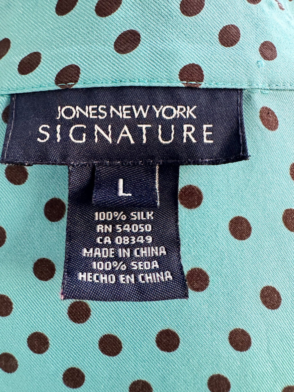Jones New York Signature 100% Silk Blouse Women's Large Teal Polka Dot Blouse