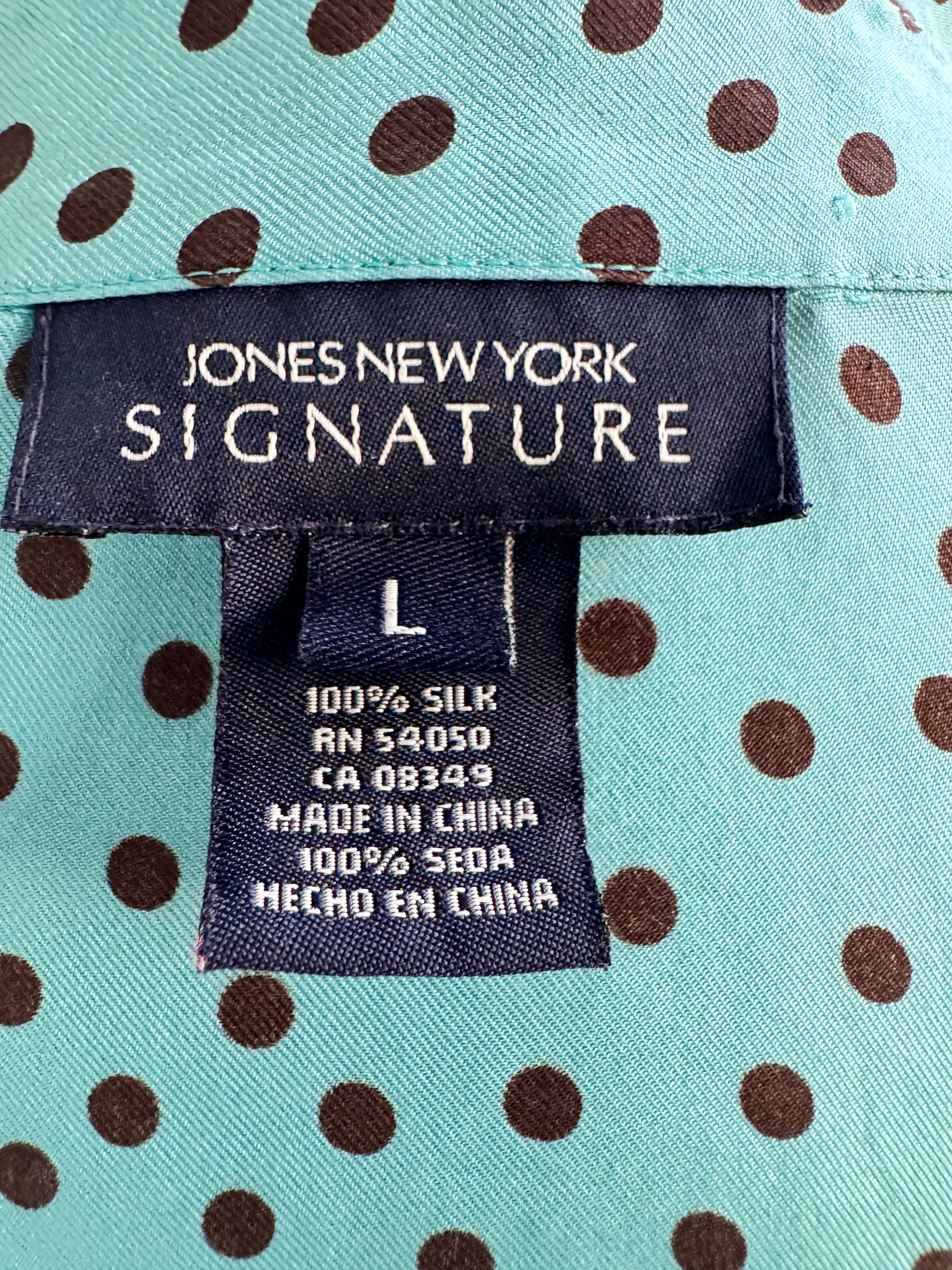 Jones New York Signature 100% Silk Blouse Women's Large Teal Polka Dot Blouse