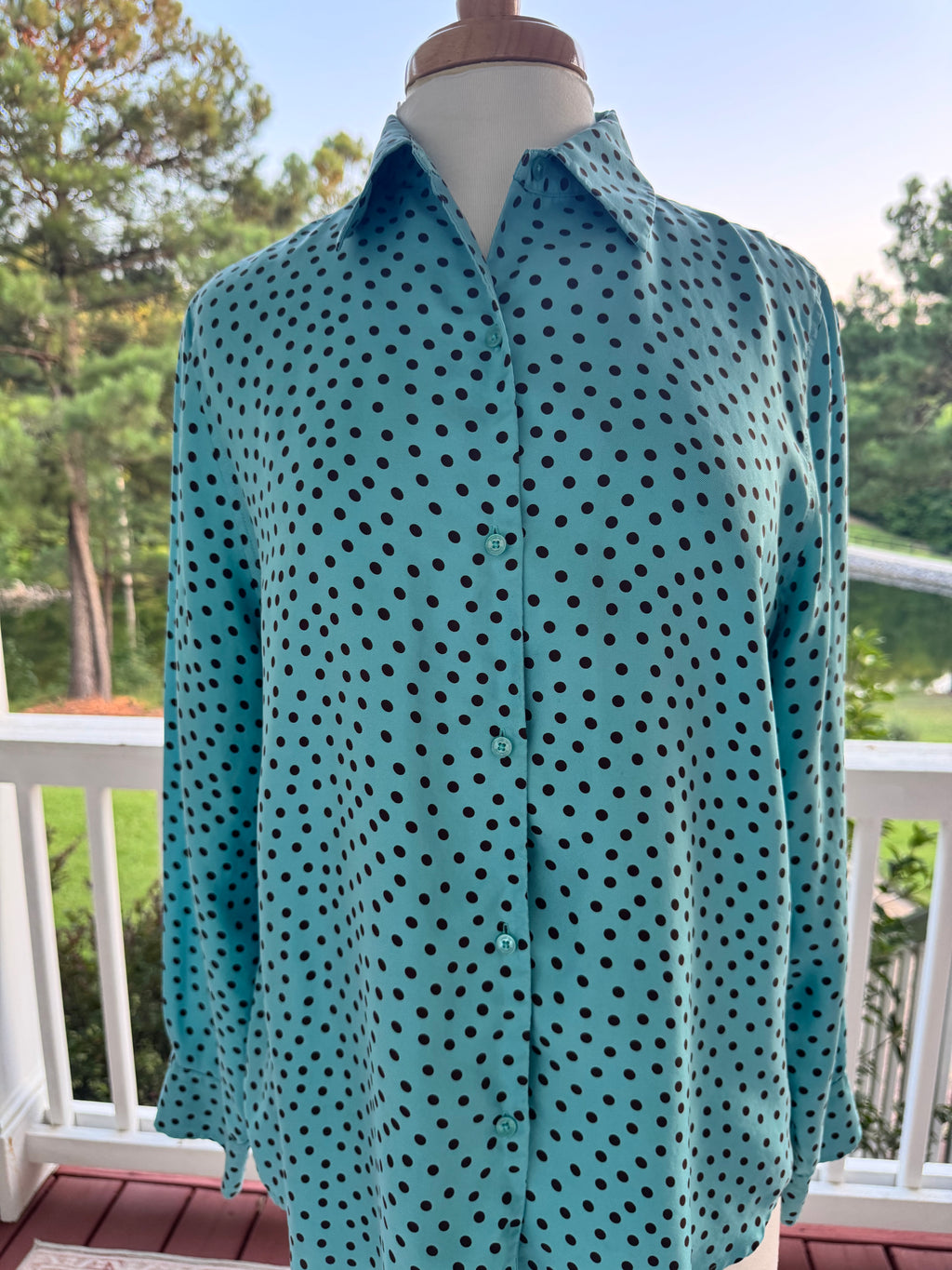 Jones New York Signature 100% Silk Blouse Women's Large Teal Polka Dot Blouse