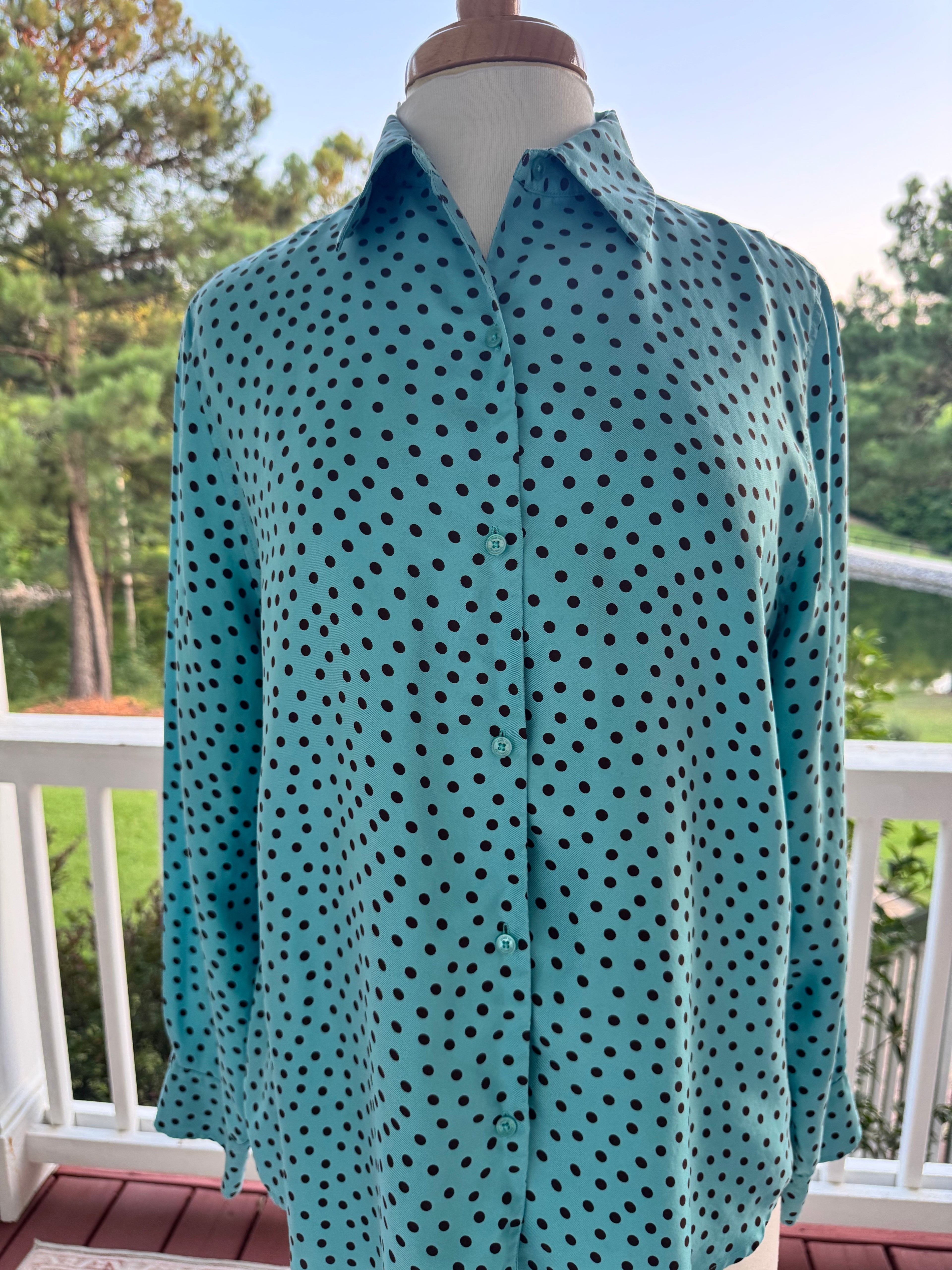 Jones New York Signature 100% Silk Blouse Women's Large Teal Polka Dot Blouse
