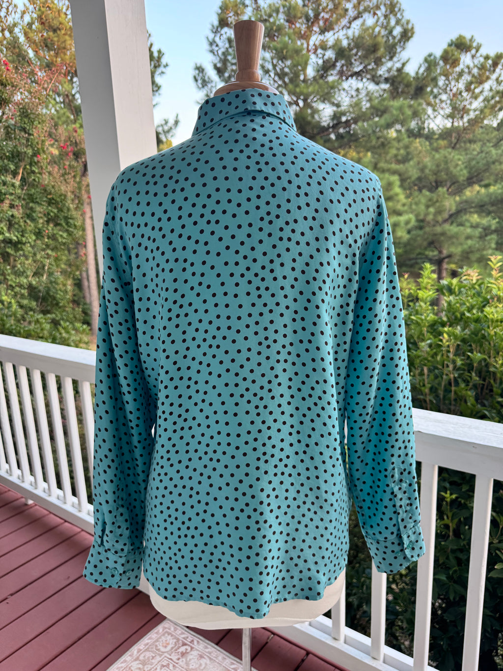 Jones New York Signature 100% Silk Blouse Women's Large Teal Polka Dot Blouse