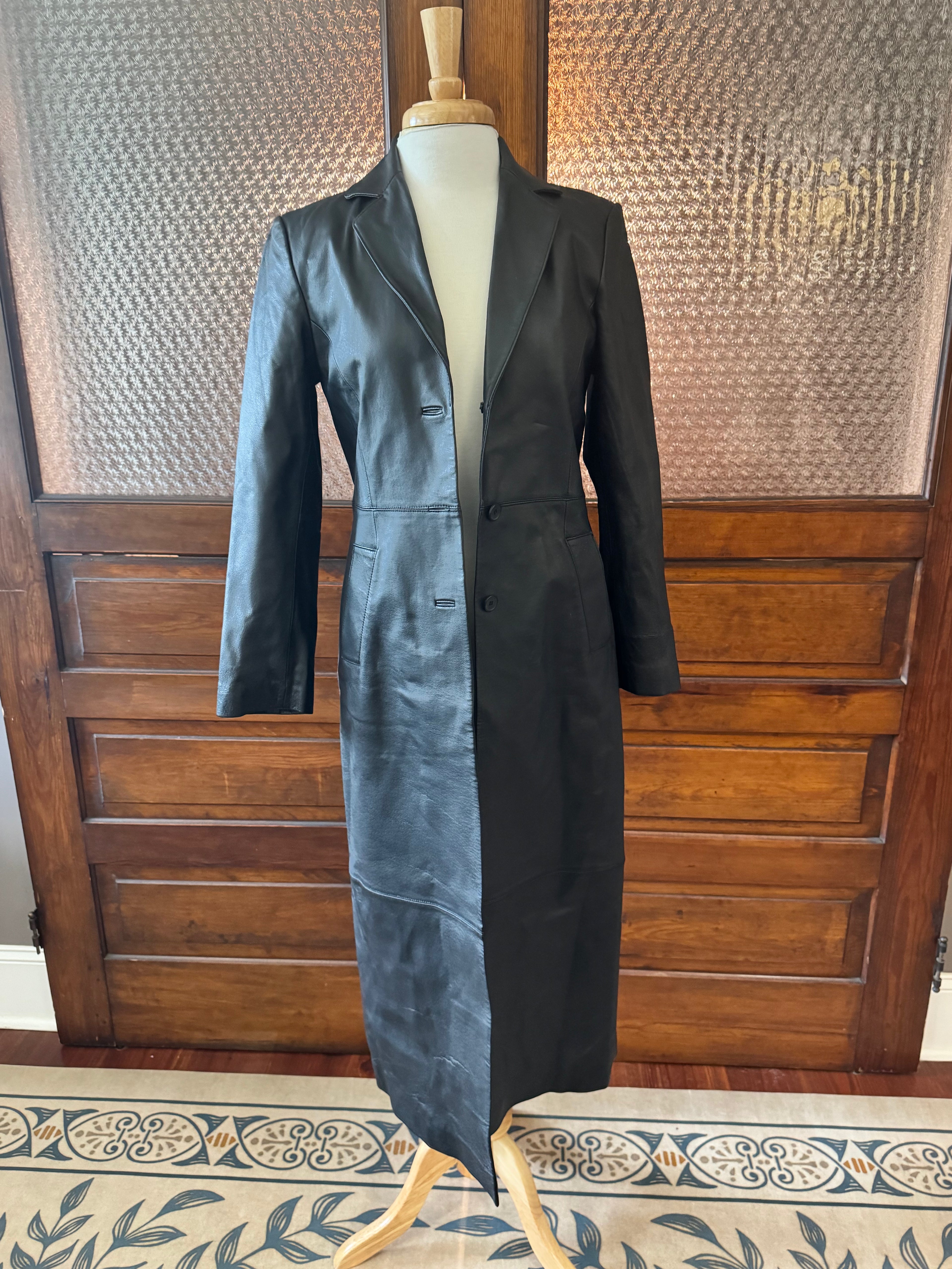 Vintage Newport News Genuine Leather Full Length Trench Coat Black 1990s