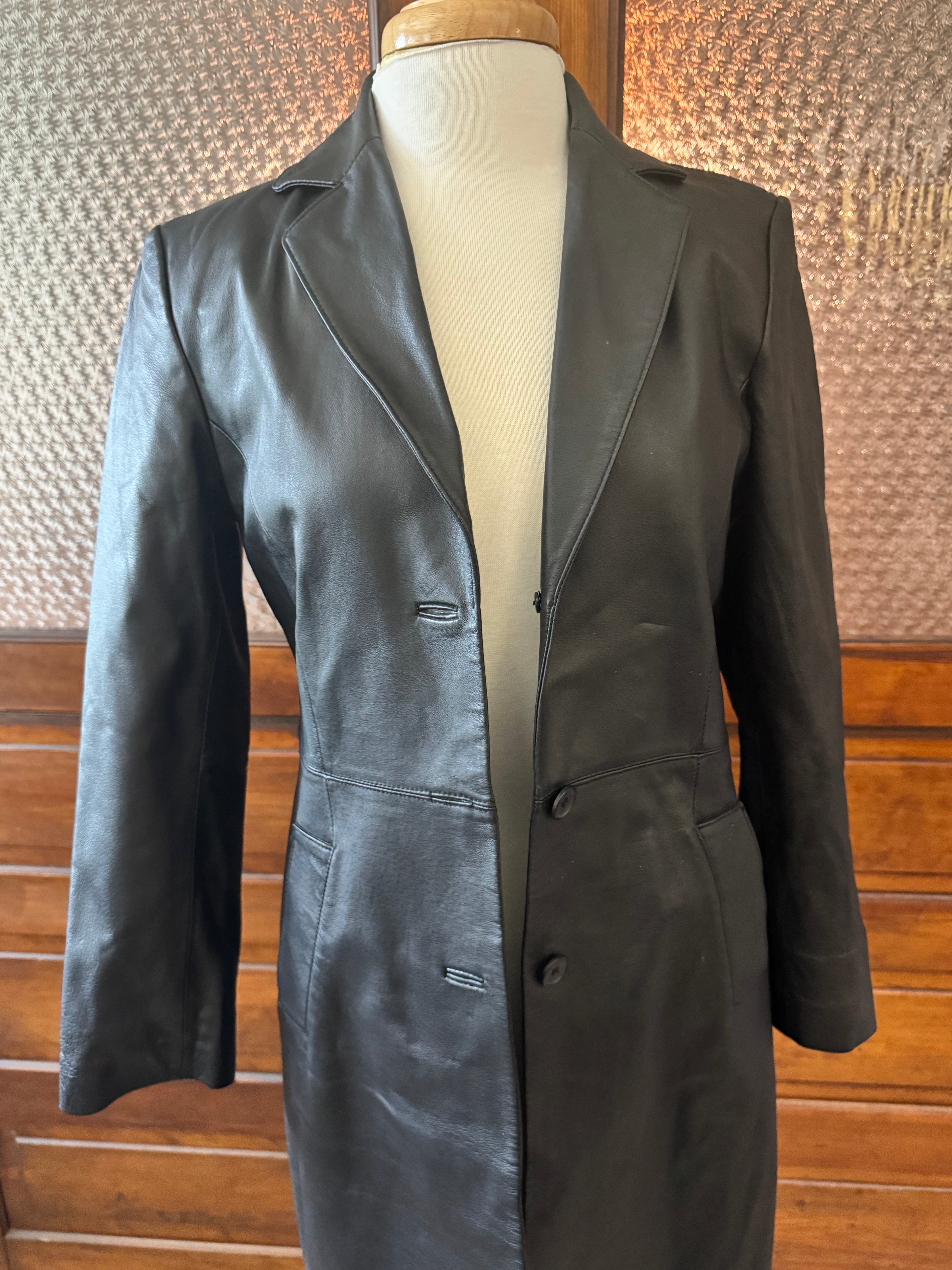 Vintage Newport News Genuine Leather Full Length Trench Coat Black 1990s