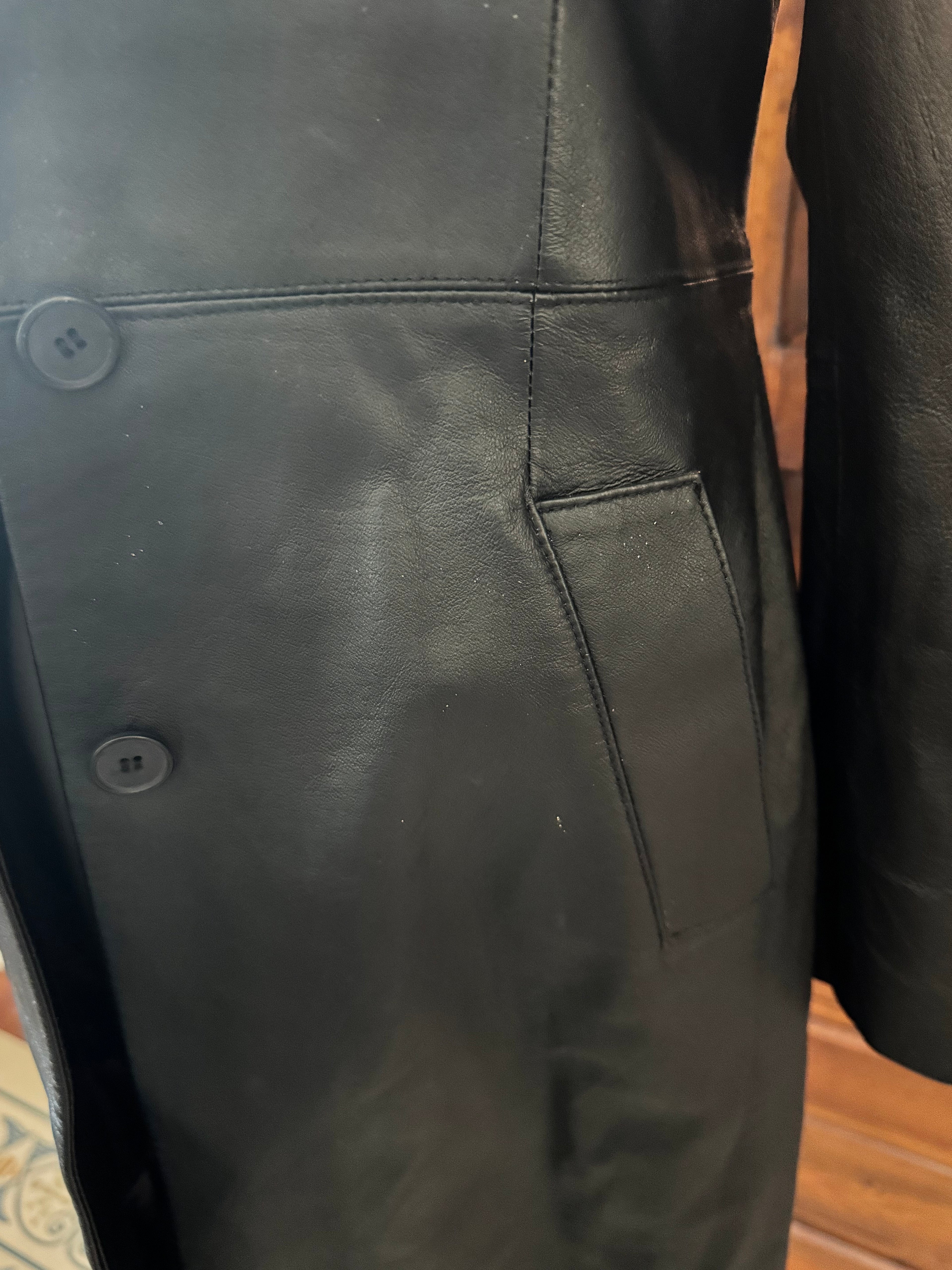 Vintage Newport News Genuine Leather Full Length Trench Coat Black 1990s