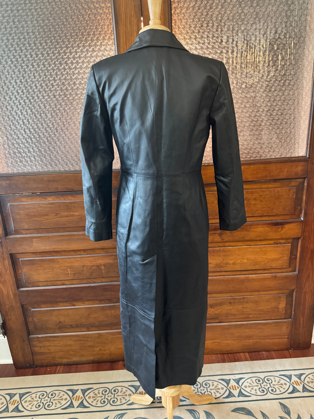 Vintage Newport News Genuine Leather Full Length Trench Coat Black 1990s