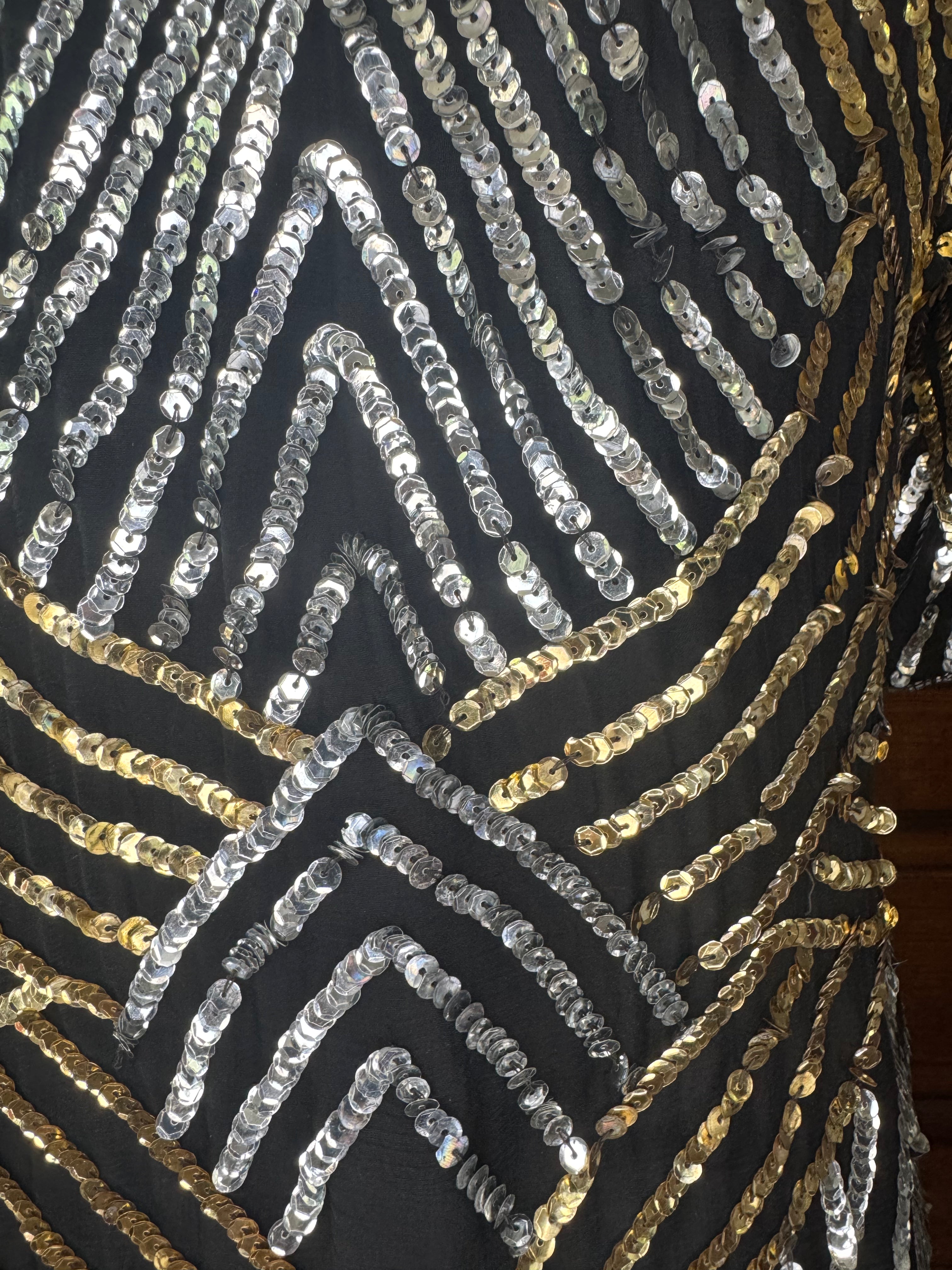 Vintage Joseph Le Bon 100% Silk Sequin Top Women's M Black Gold Silver Beaded Art Deco