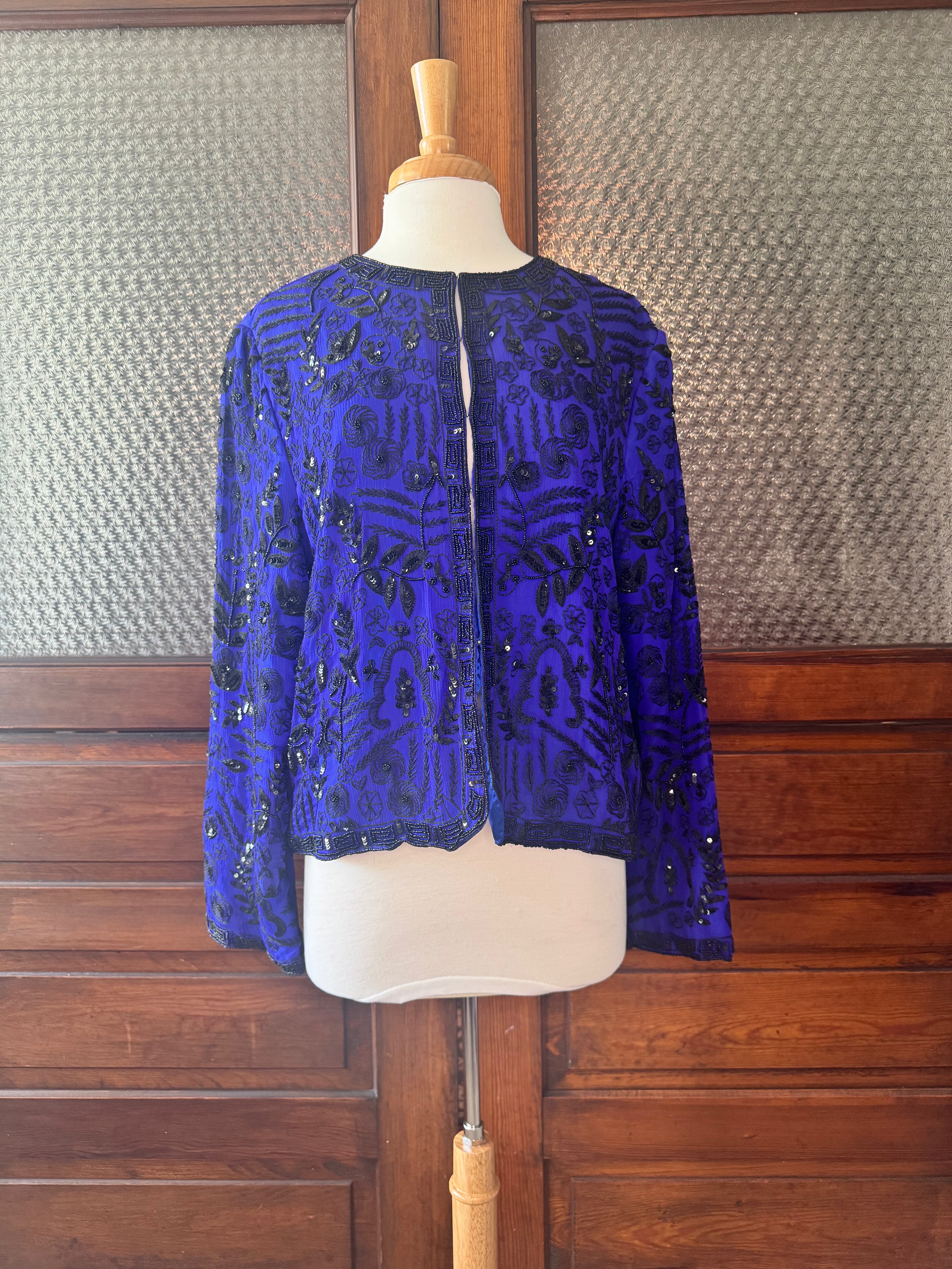 Vintage Scala Silk Beaded Sequin Jacket Blue Black Evening Part Art Deco M