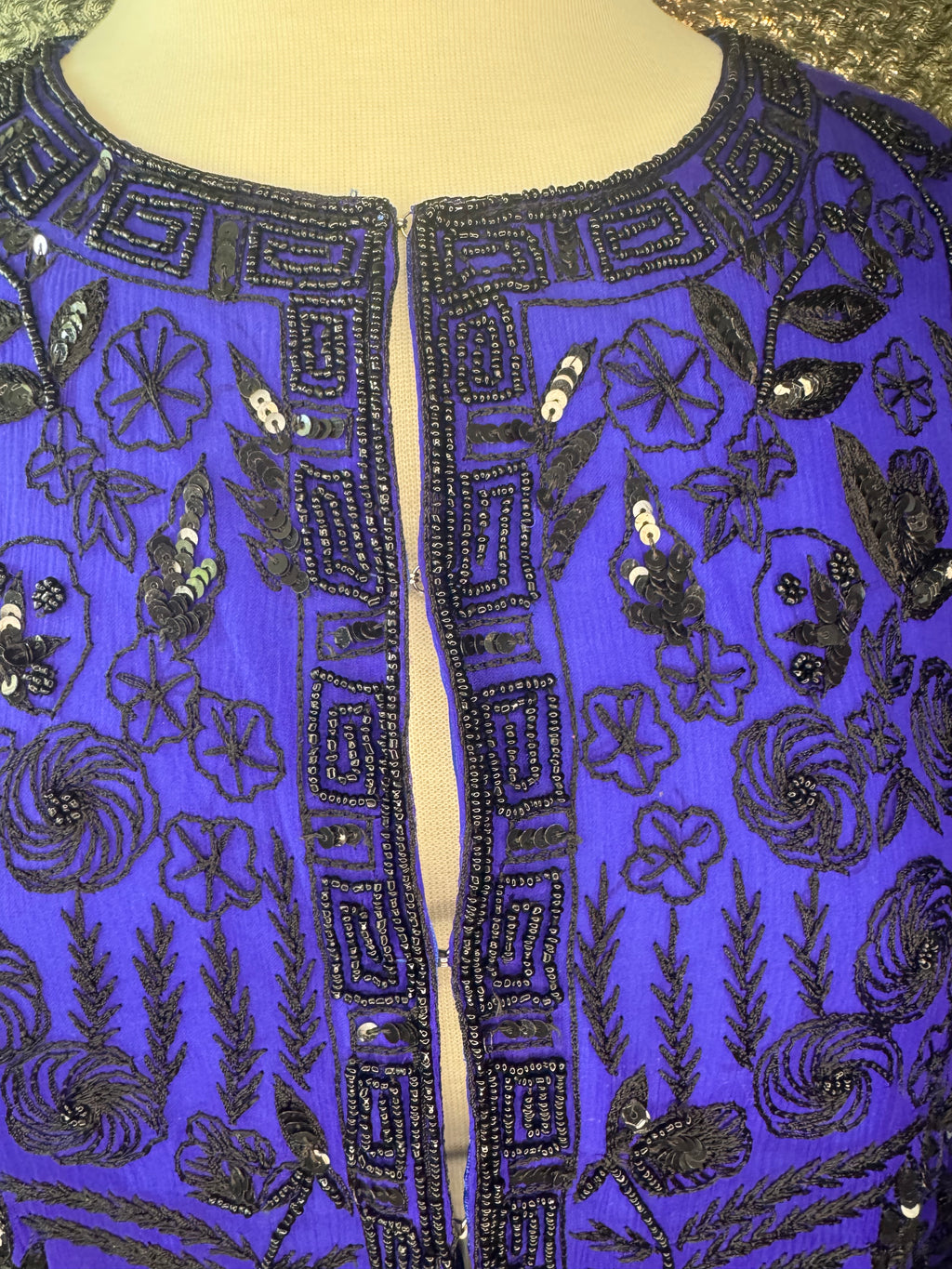 Vintage Scala Silk Beaded Sequin Jacket Blue Black Evening Part Art Deco M