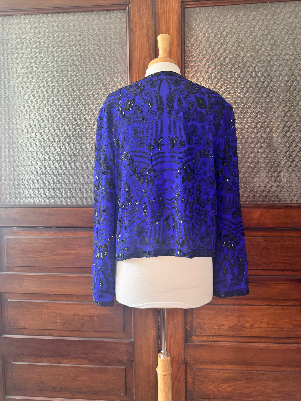 Vintage Scala Silk Beaded Sequin Jacket Blue Black Evening Part Art Deco M