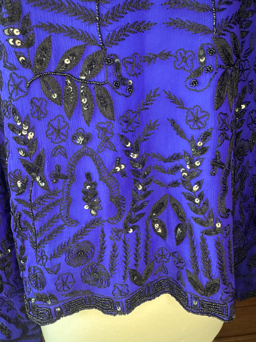 Vintage Scala Silk Beaded Sequin Jacket Blue Black Evening Part Art Deco M