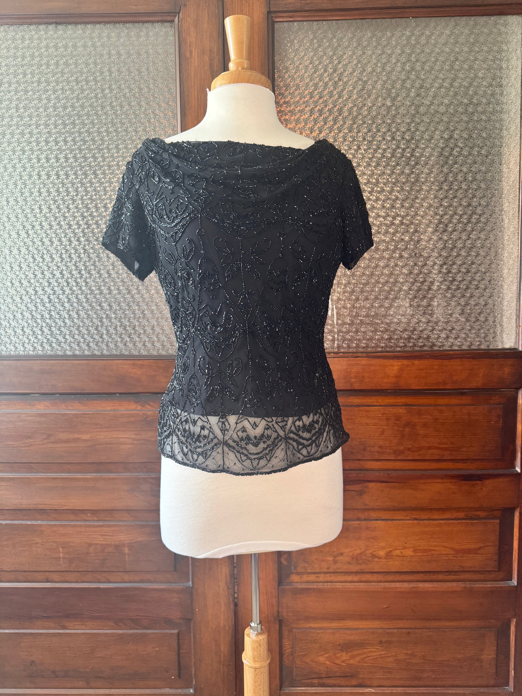 Vintage Paradise NY 100% Silk Beaded Top Black Sheer Evening Blouse Women's M