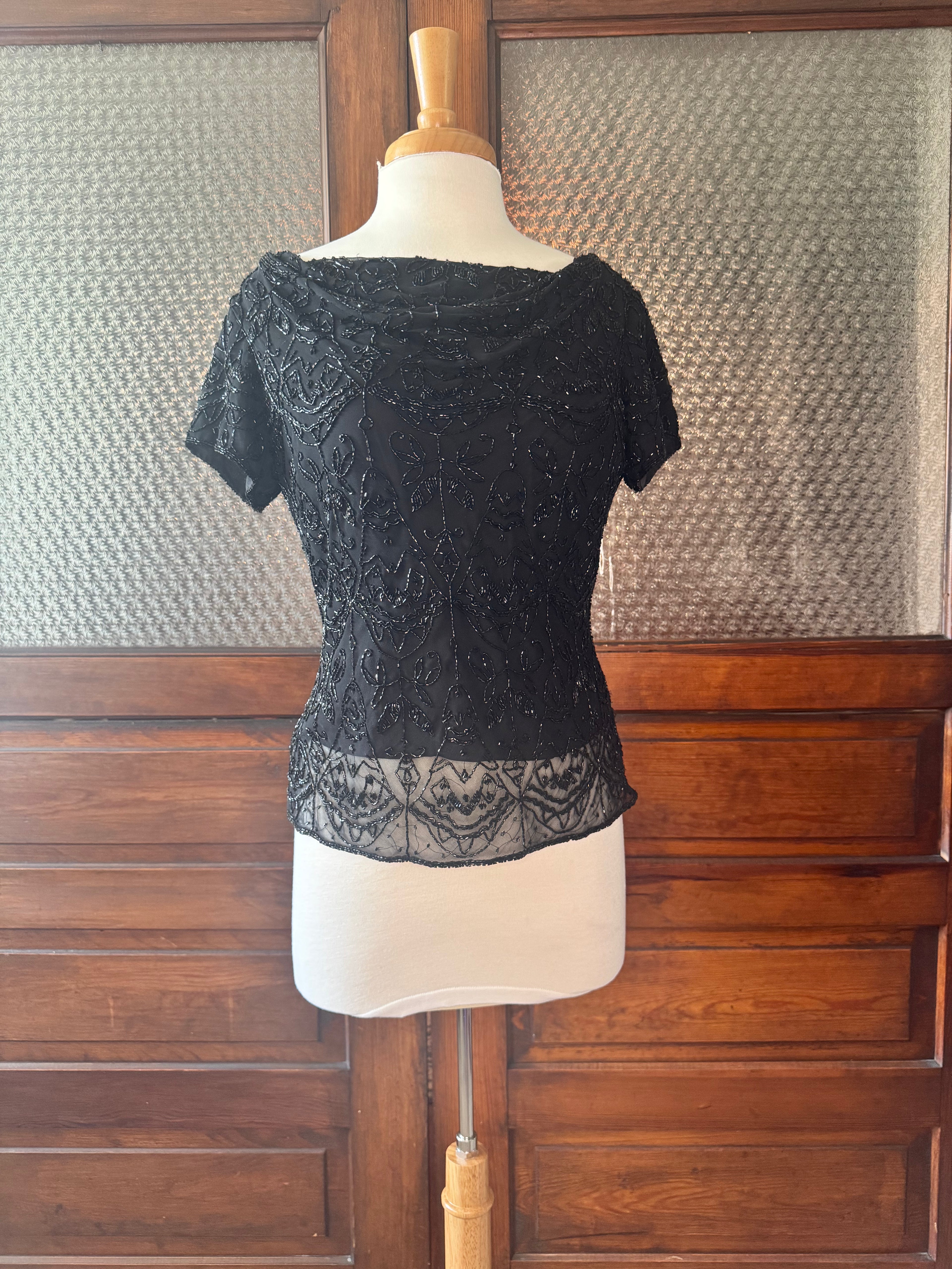 Vintage Paradise NY 100% Silk Beaded Top Black Sheer Evening Blouse Women's M