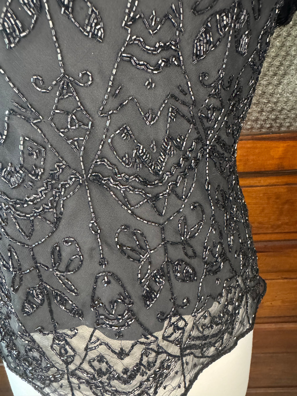 Vintage Paradise NY 100% Silk Beaded Top Black Sheer Evening Blouse Women's M