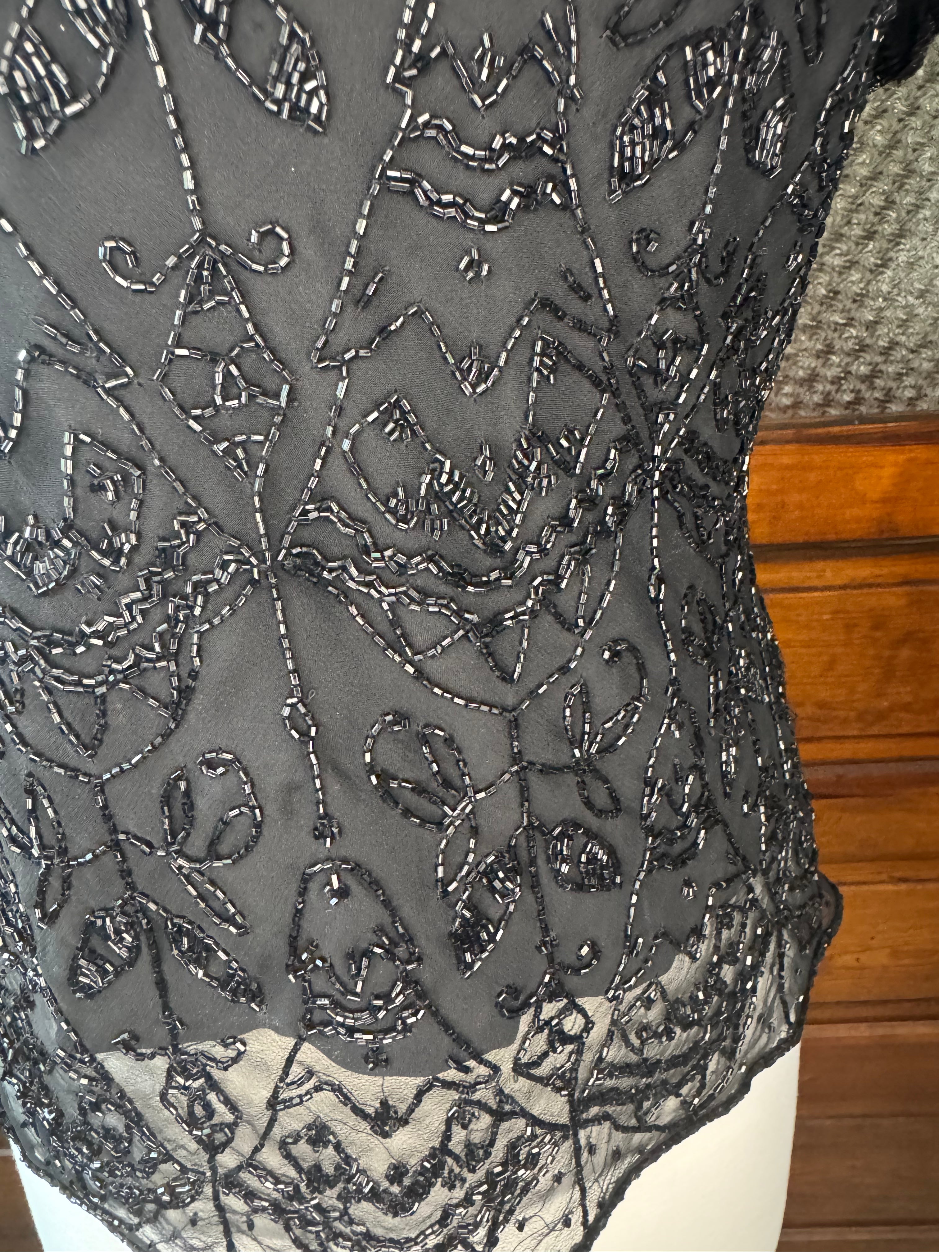 Vintage Paradise NY 100% Silk Beaded Top Black Sheer Evening Blouse Women's M