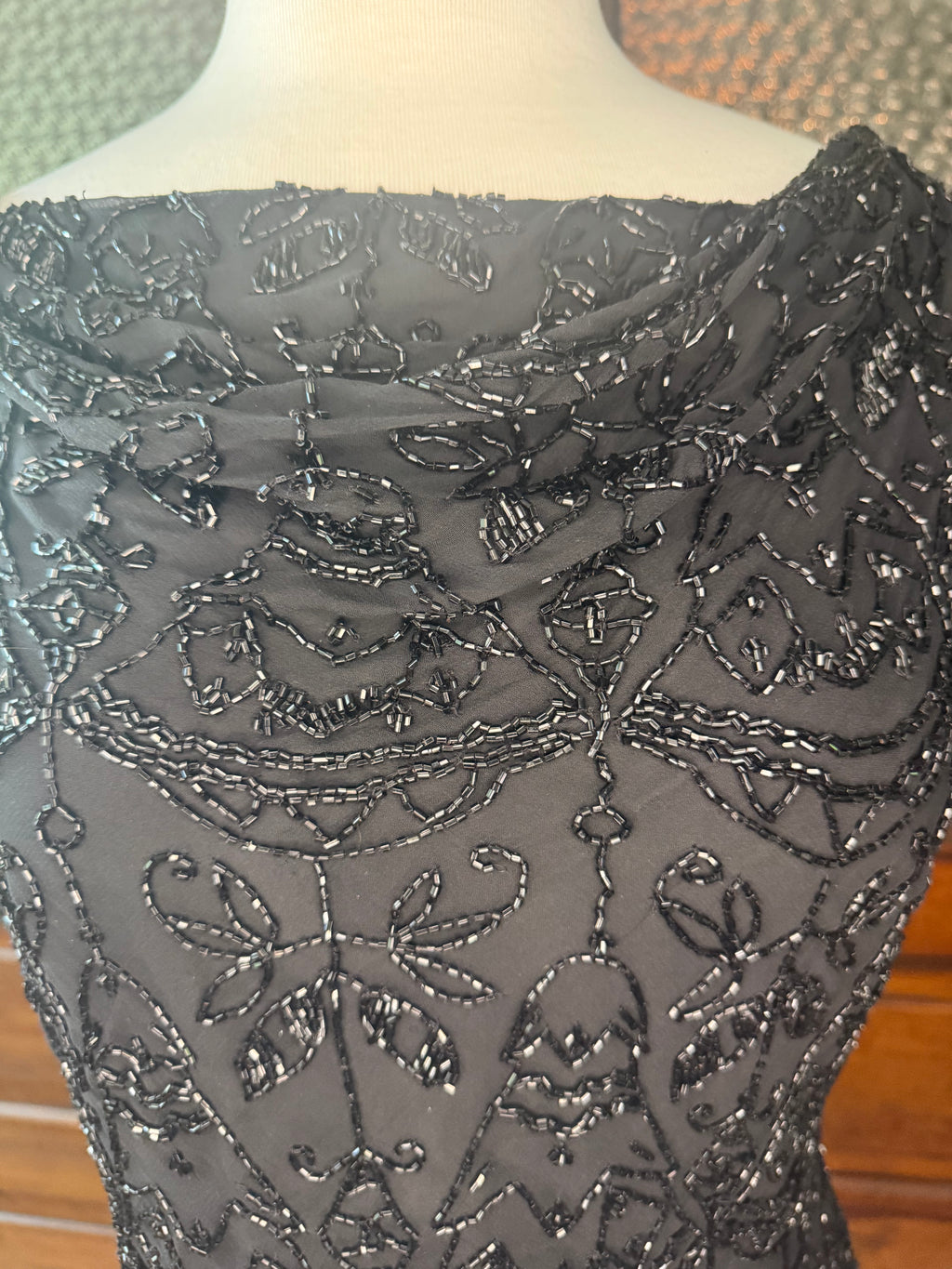 Vintage Paradise NY 100% Silk Beaded Top Black Sheer Evening Blouse Women's M