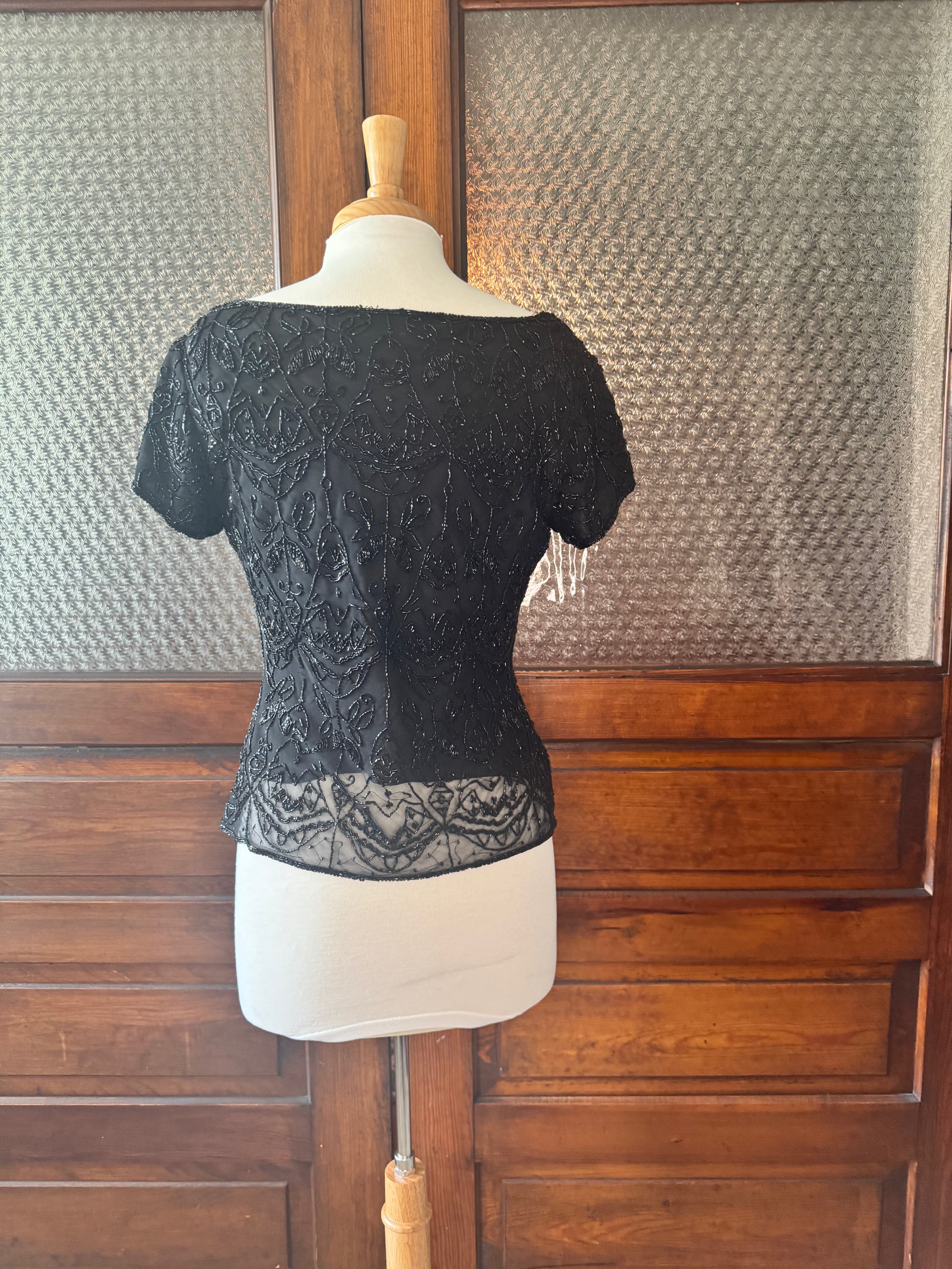 Vintage Paradise NY 100% Silk Beaded Top Black Sheer Evening Blouse Women's M