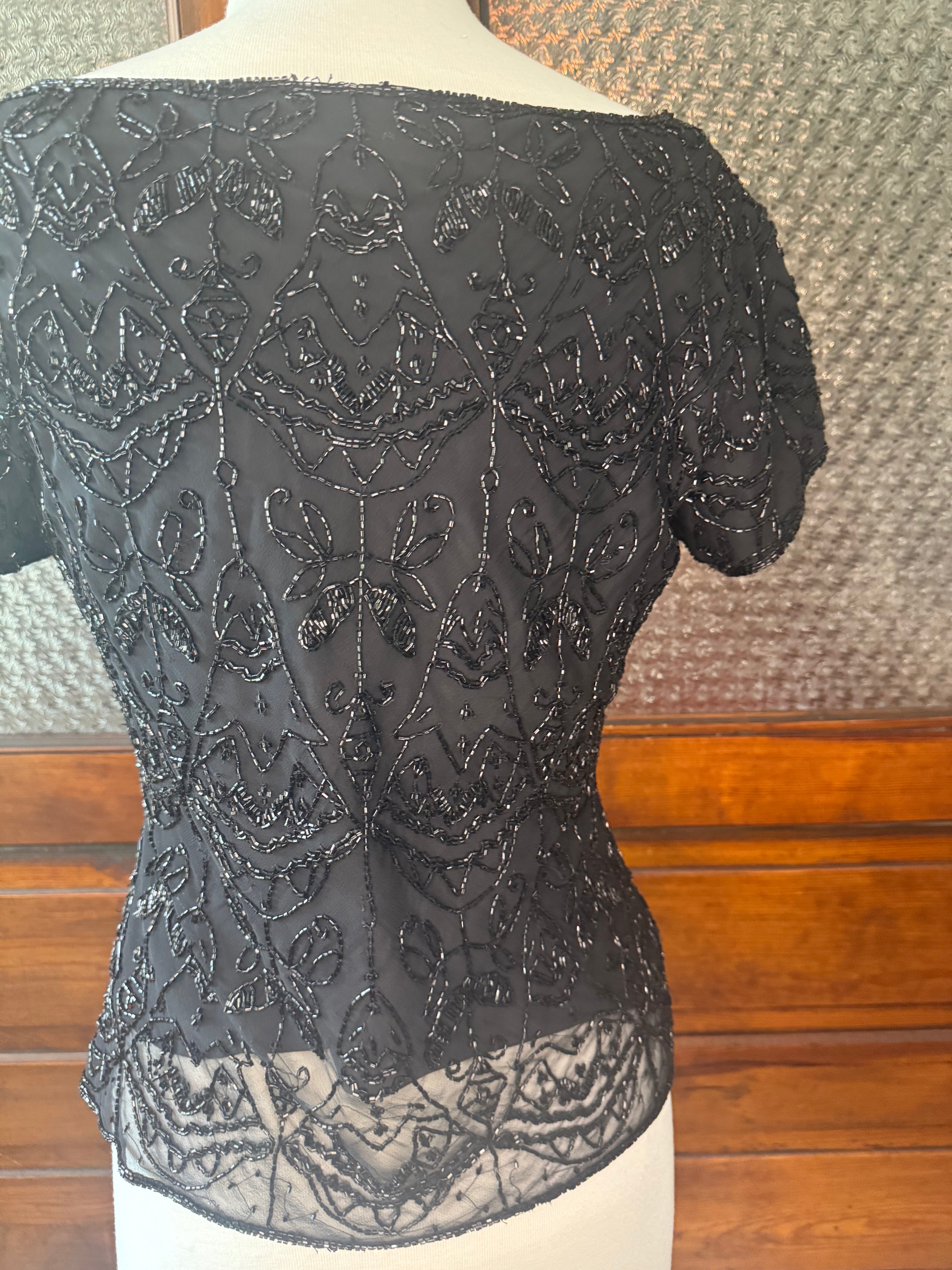 Vintage Paradise NY 100% Silk Beaded Top Black Sheer Evening Blouse Women's M
