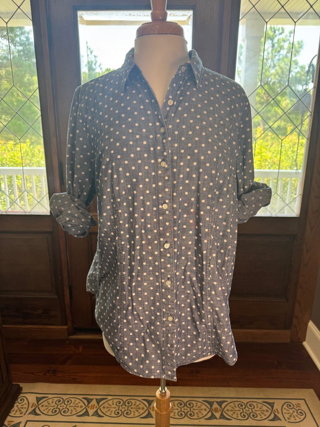 Talbots Women's 16W Chambray Polka Button Down Shirt 100% Cotton