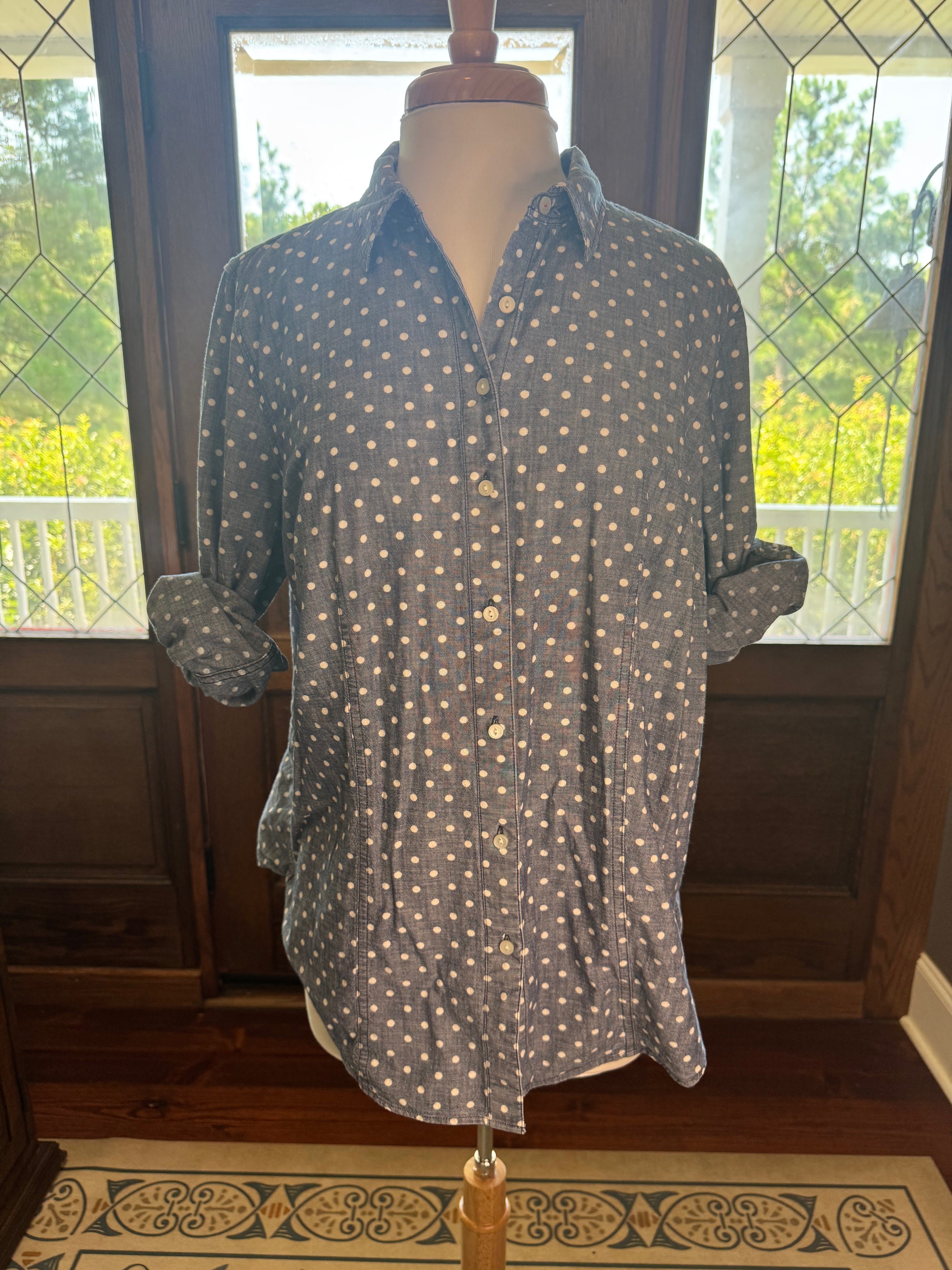 Talbots Women's 16W Chambray Polka Button Down Shirt 100% Cotton