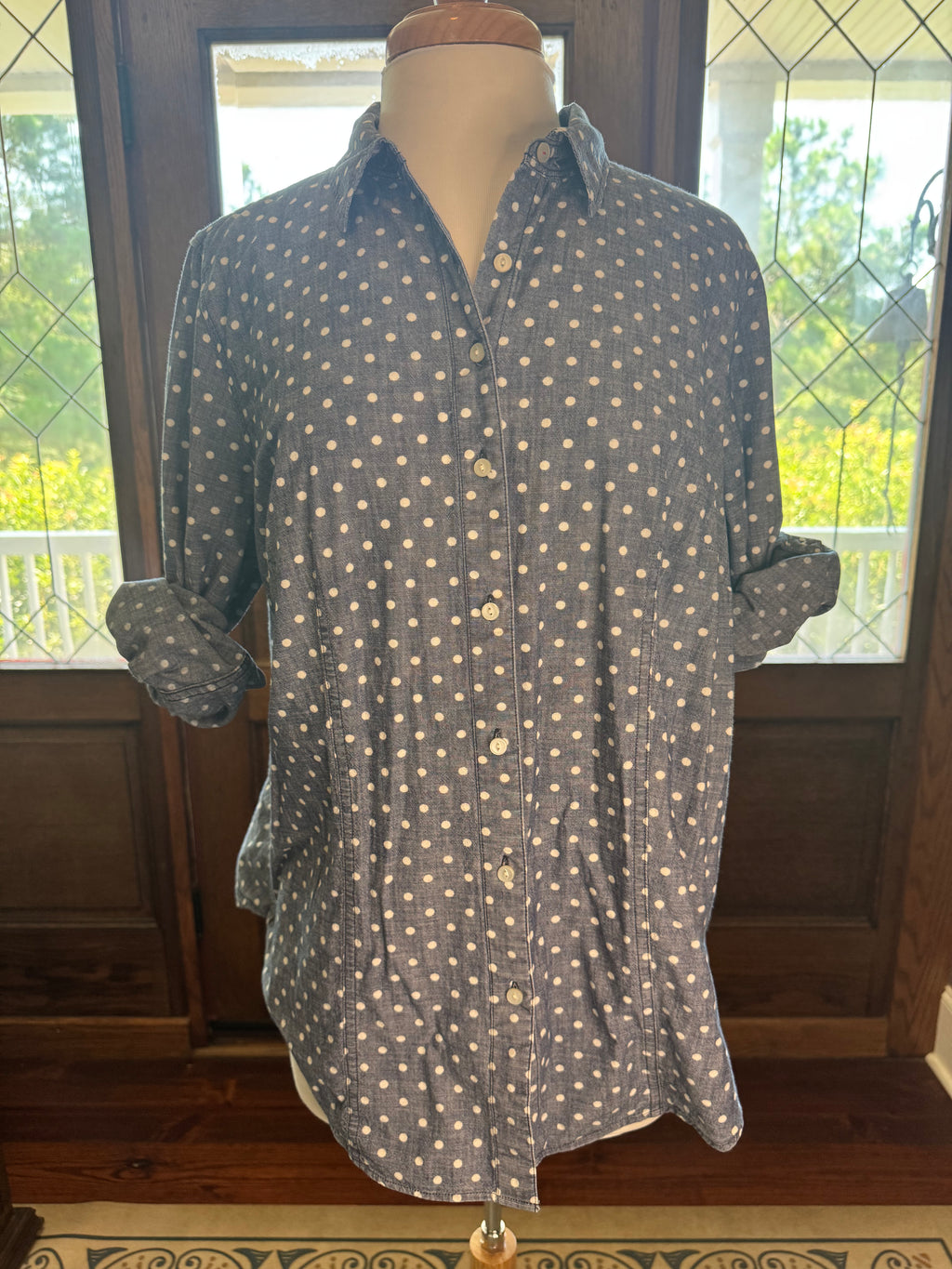 Talbots Women's 16W Chambray Polka Button Down Shirt 100% Cotton