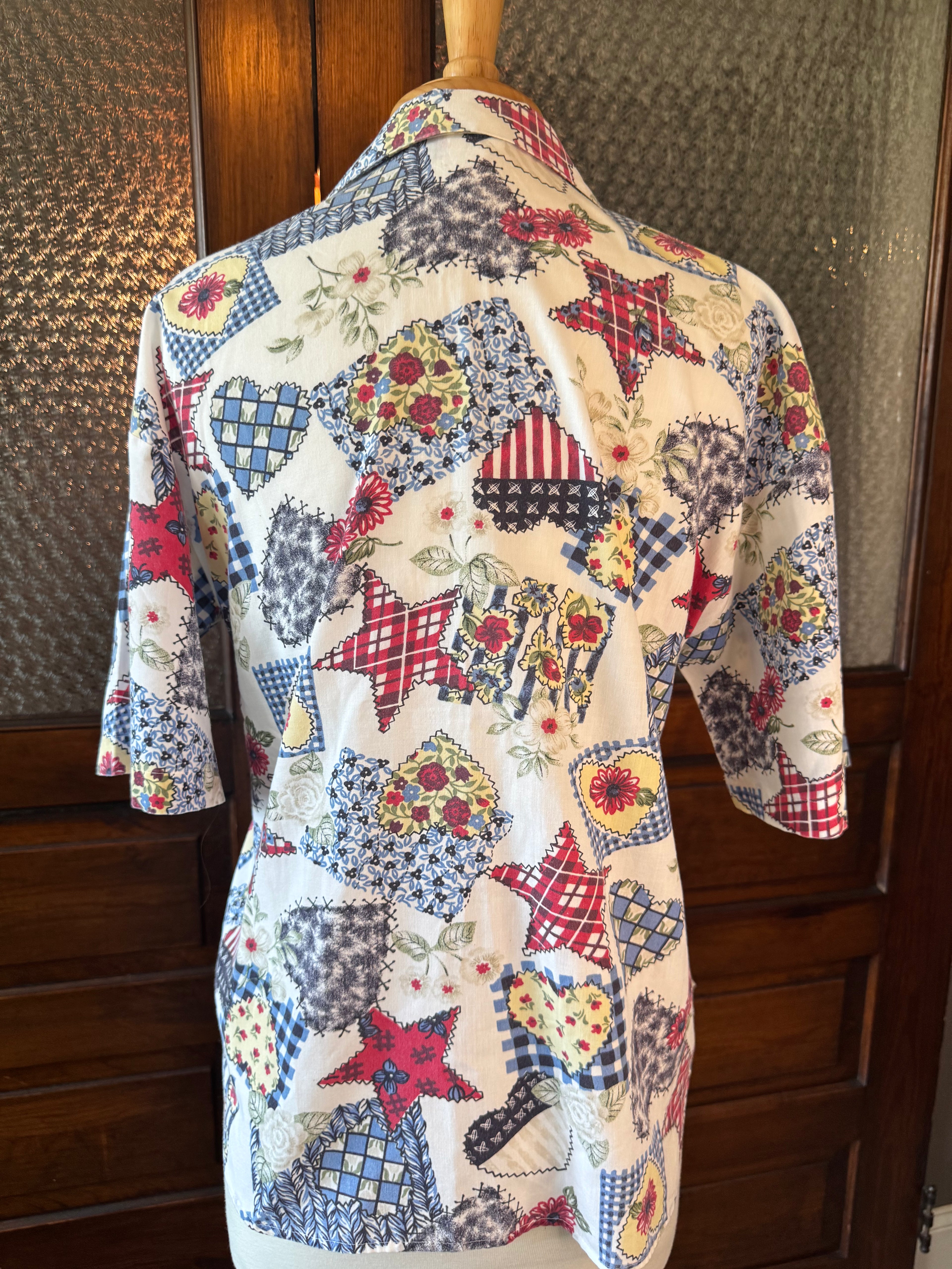 Vintage 1980s Cabrais Patchwork Quilt Print Shirt Blouse Cottage Americana Floral