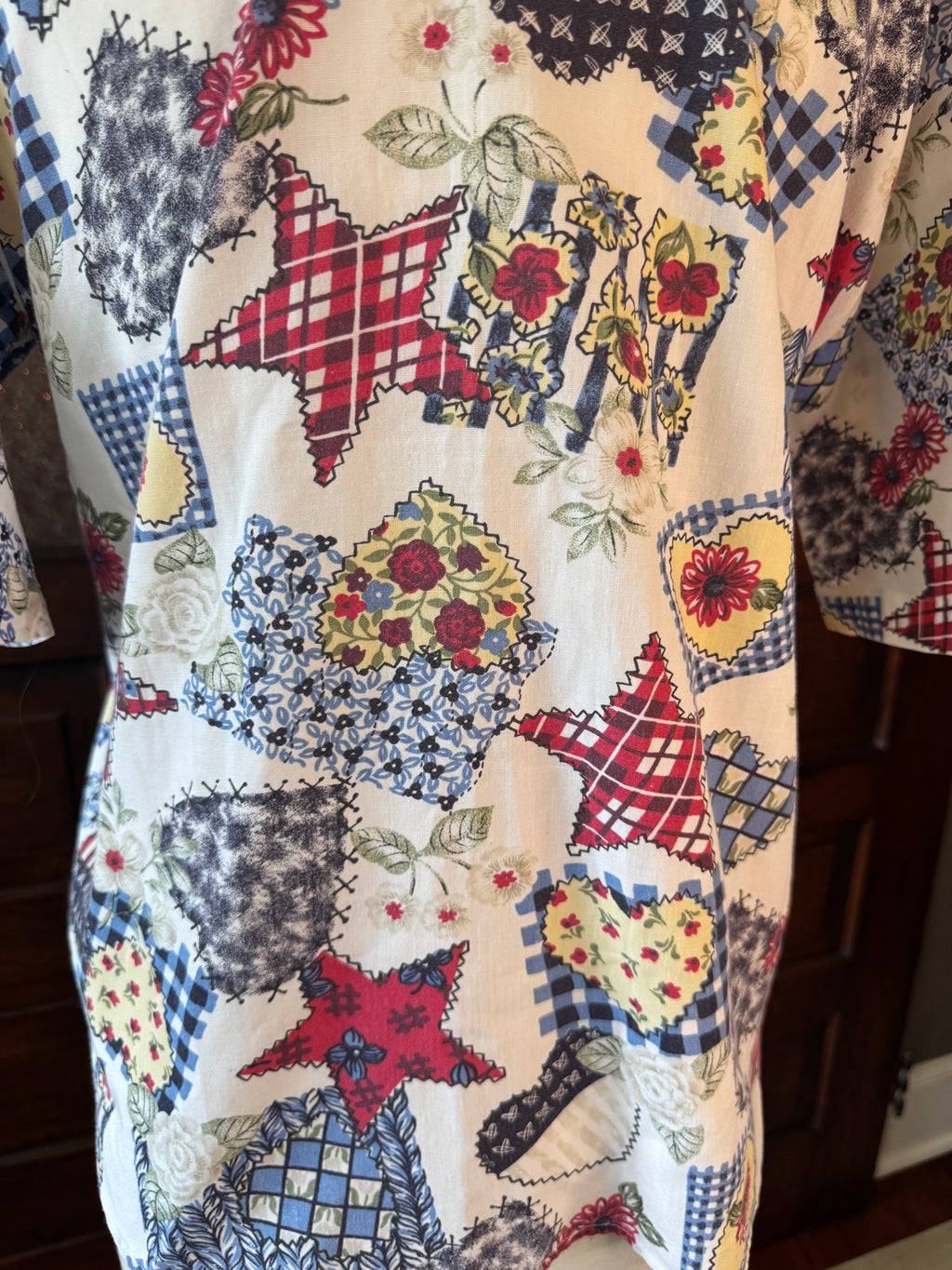 Vintage 1980s Cabrais Patchwork Quilt Print Shirt Blouse Cottage Americana Floral