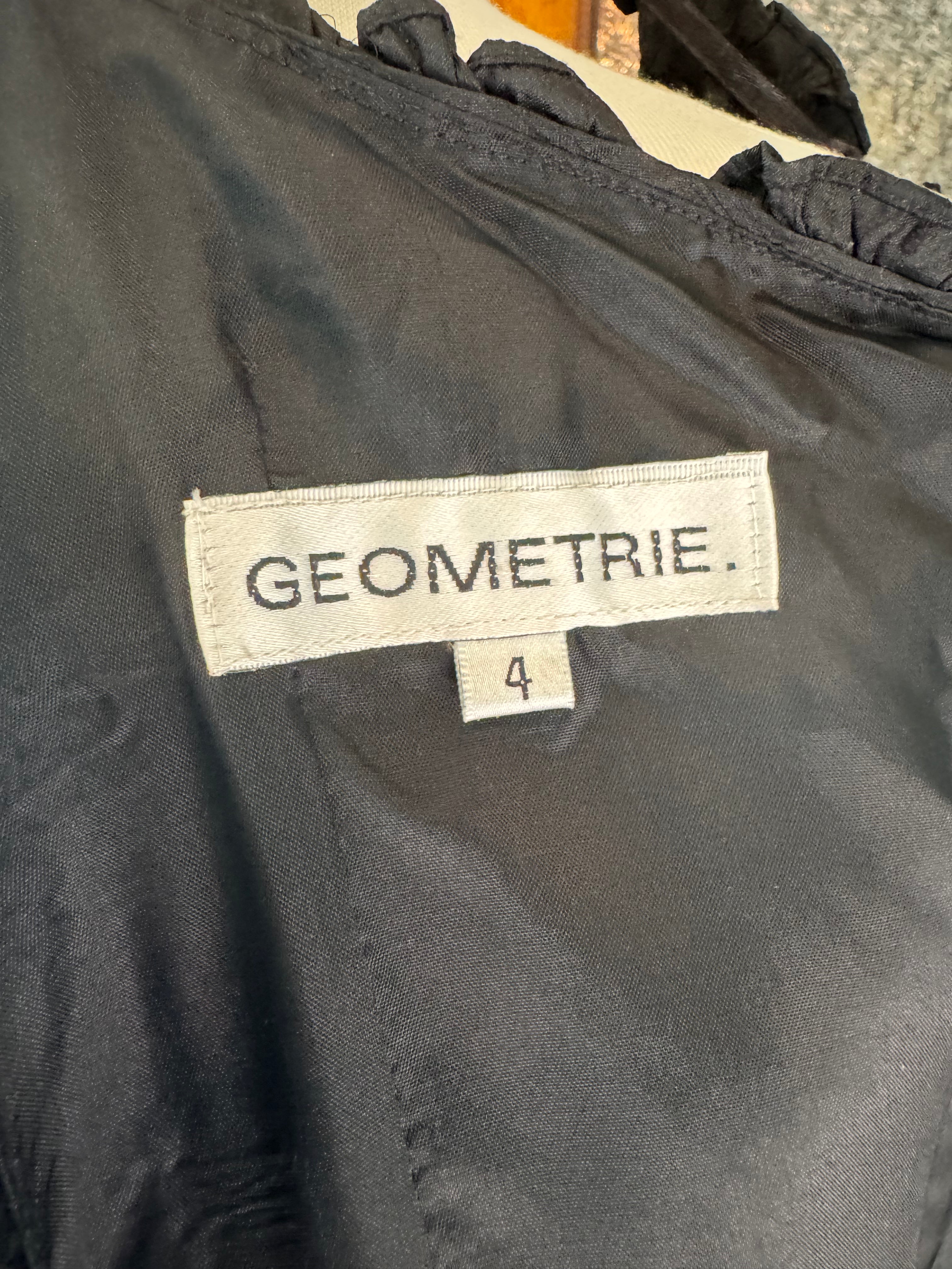 Vintage Geometrie 100% Silk Black Dress Size 4 Ruffle Straps Y2K Cocktail