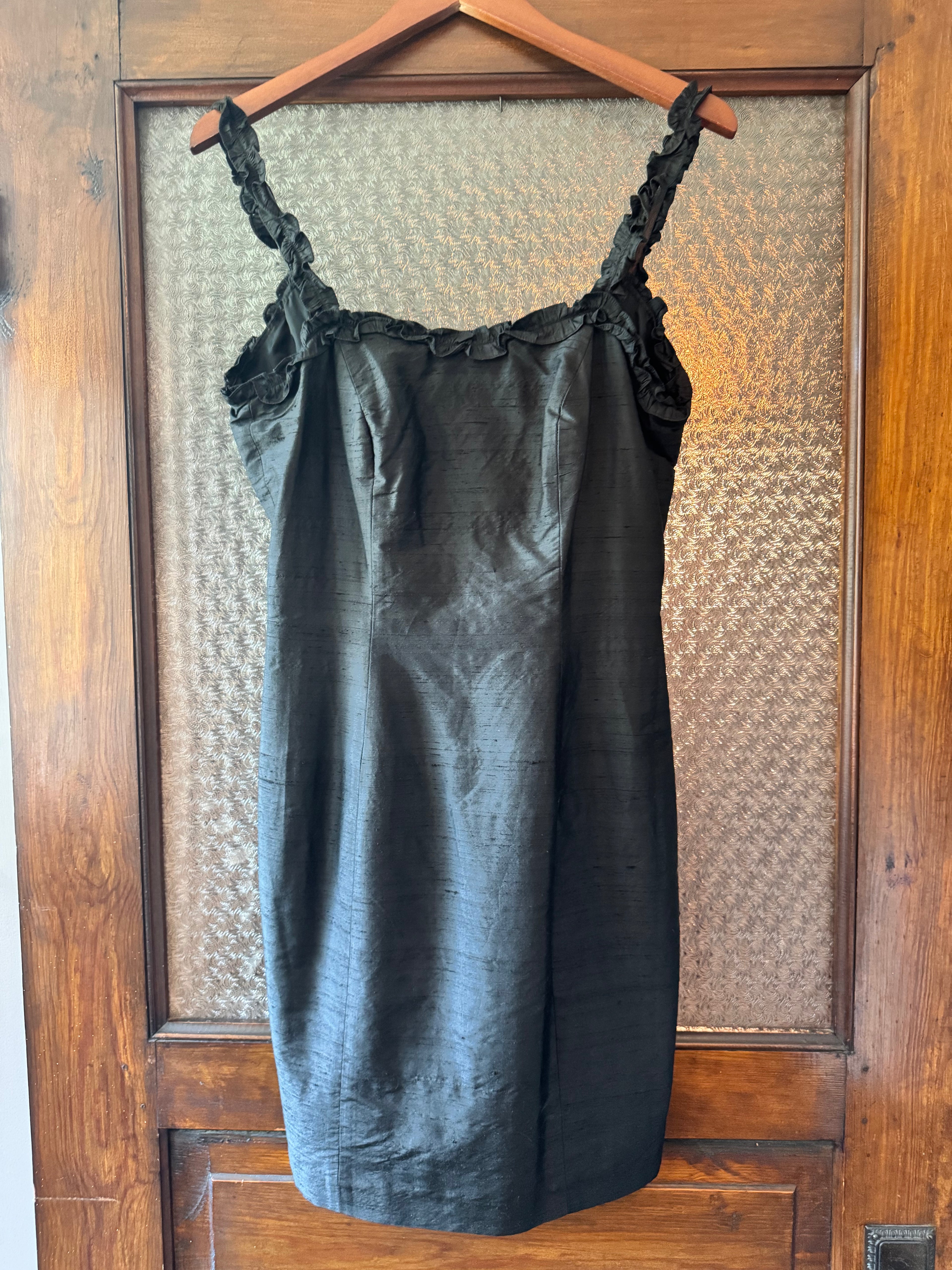 Vintage Geometrie 100% Silk Black Dress Size 4 Ruffle Straps Y2K Cocktail