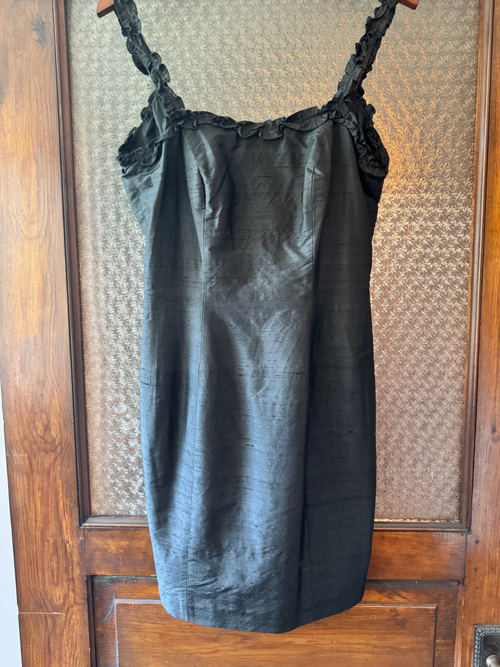 Vintage Geometrie 100% Silk Black Dress Size 4 Ruffle Straps Y2K Cocktail