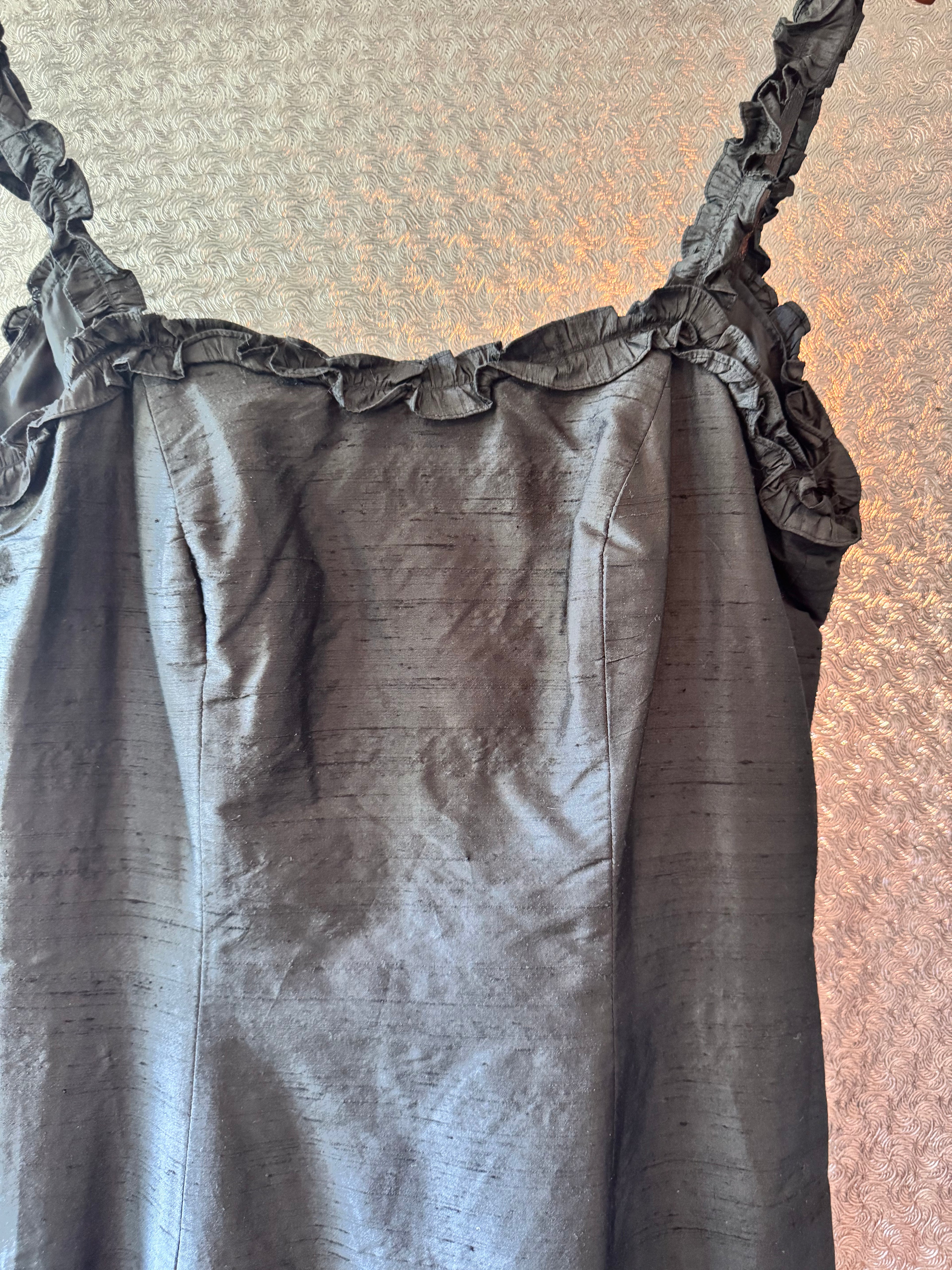 Vintage Geometrie 100% Silk Black Dress Size 4 Ruffle Straps Y2K Cocktail