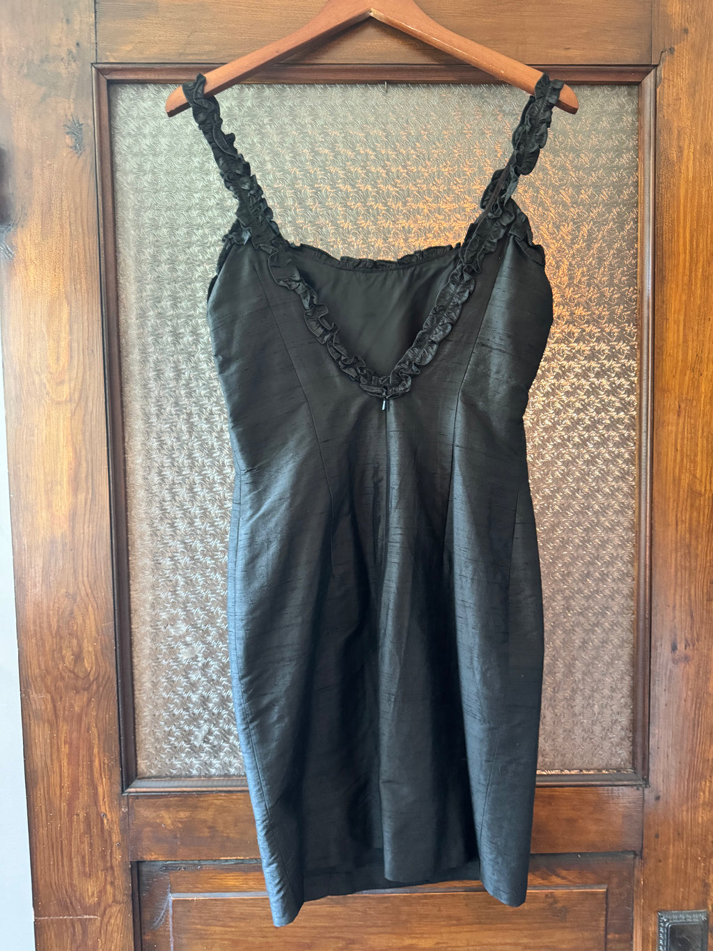 Vintage Geometrie 100% Silk Black Dress Size 4 Ruffle Straps Y2K Cocktail