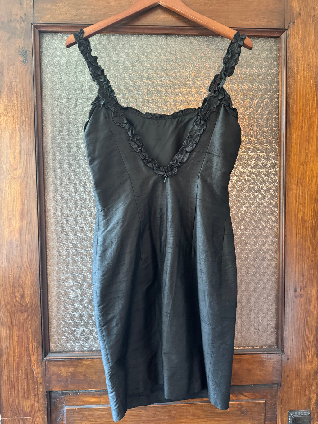 Vintage Geometrie 100% Silk Black Dress Size 4 Ruffle Straps Y2K Cocktail