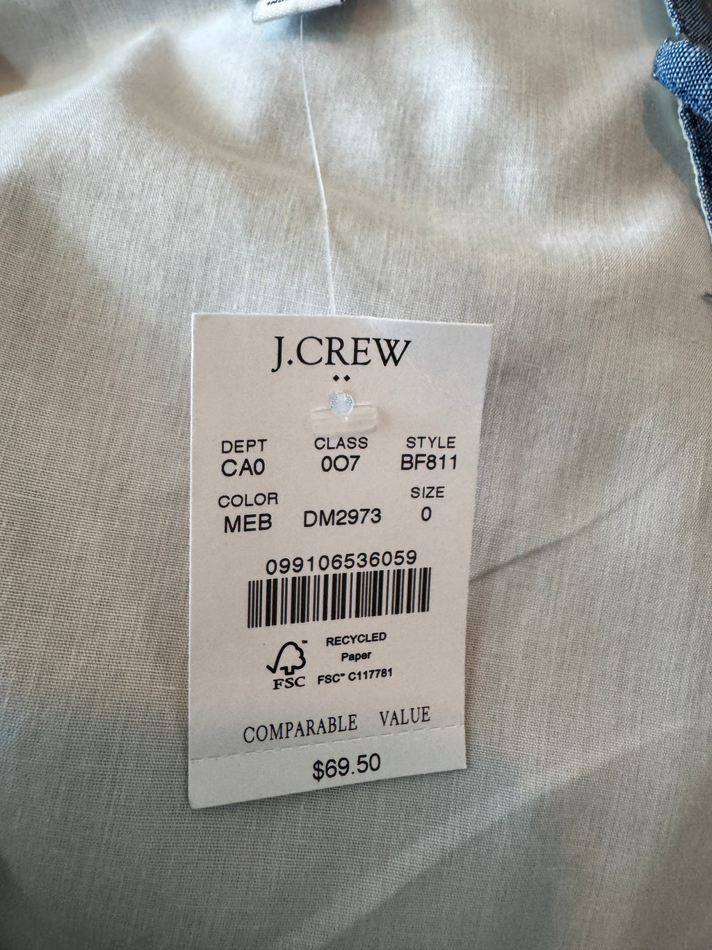 J. Crew NWT Women's Size 0 Blue Chambray Cami Tank Top Adjustable Straps