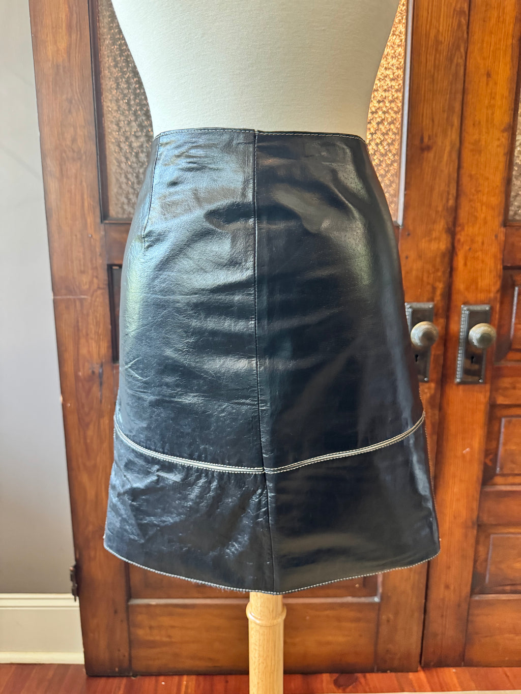 Vintage For Joseph Leather Skirt Black Genuine Leather Mini Y2K Contrast Stitch