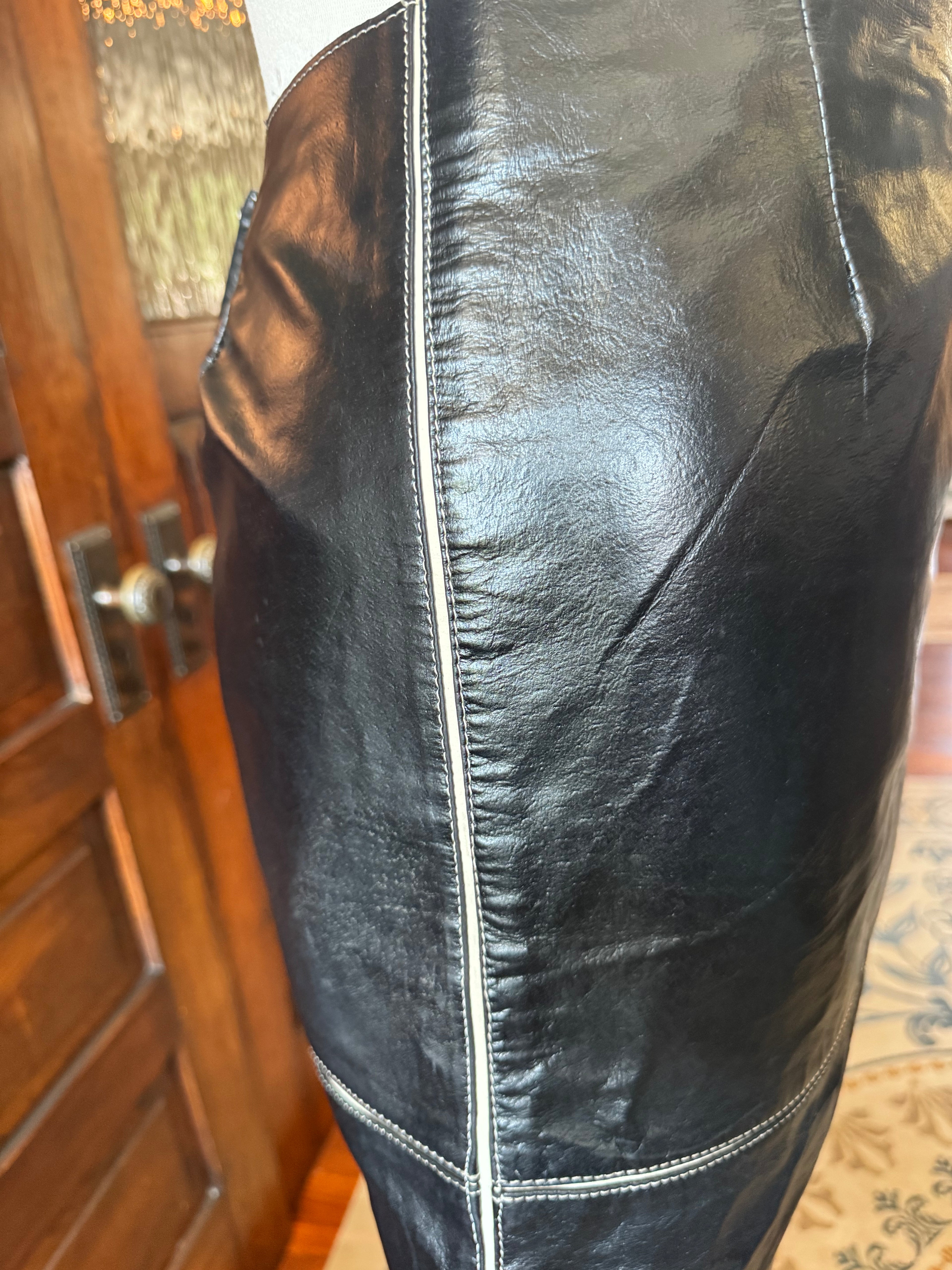 Vintage For Joseph Leather Skirt Black Genuine Leather Mini Y2K Contrast Stitch
