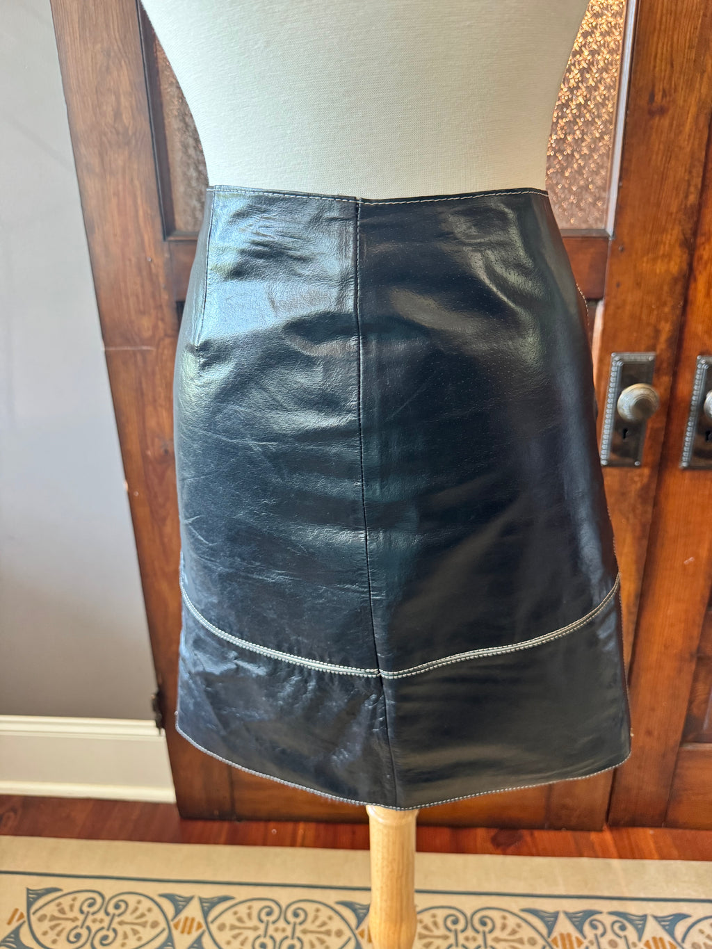 Vintage For Joseph Leather Skirt Black Genuine Leather Mini Y2K Contrast Stitch