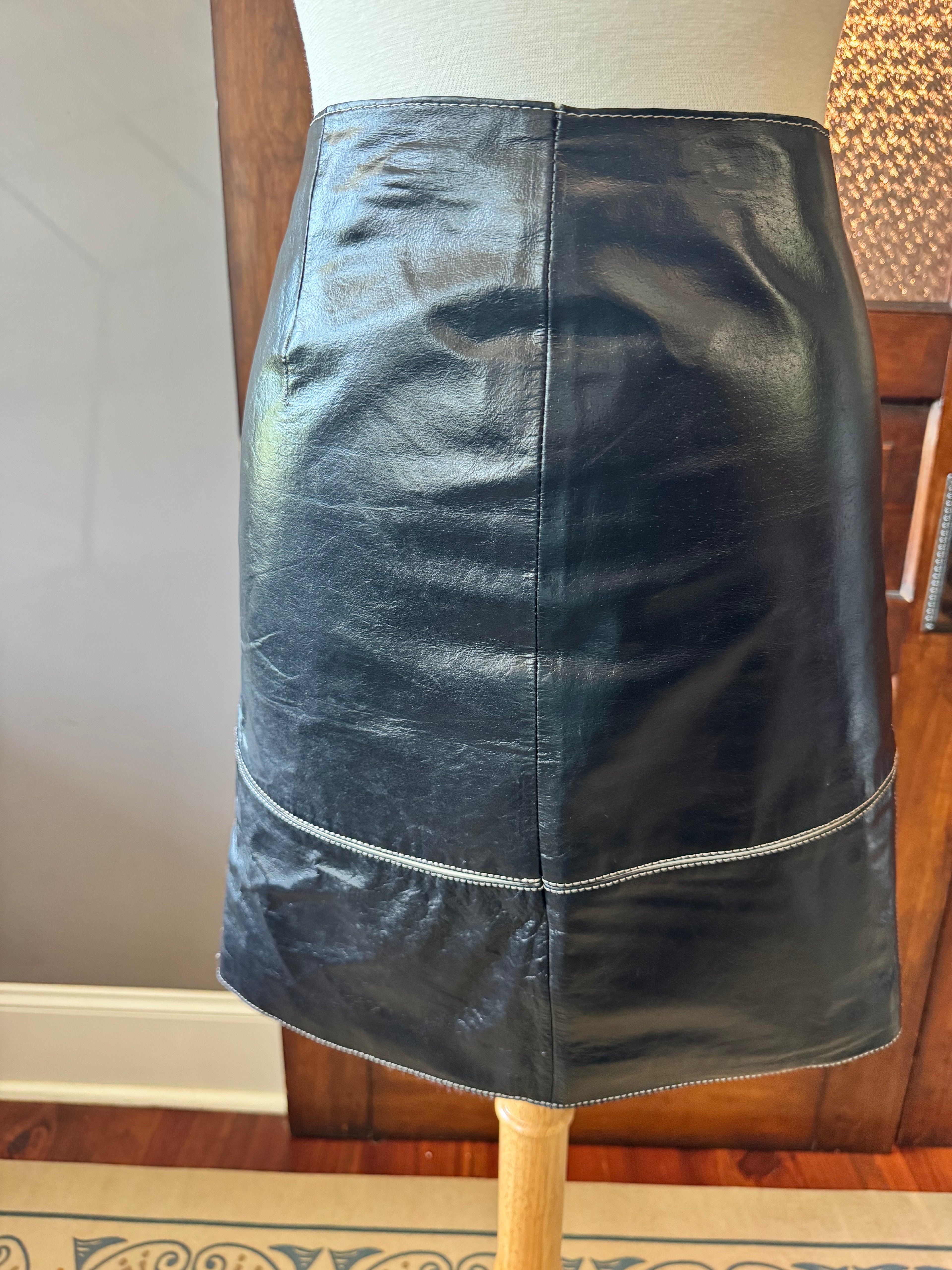 Vintage For Joseph Leather Skirt Black Genuine Leather Mini Y2K Contrast Stitch