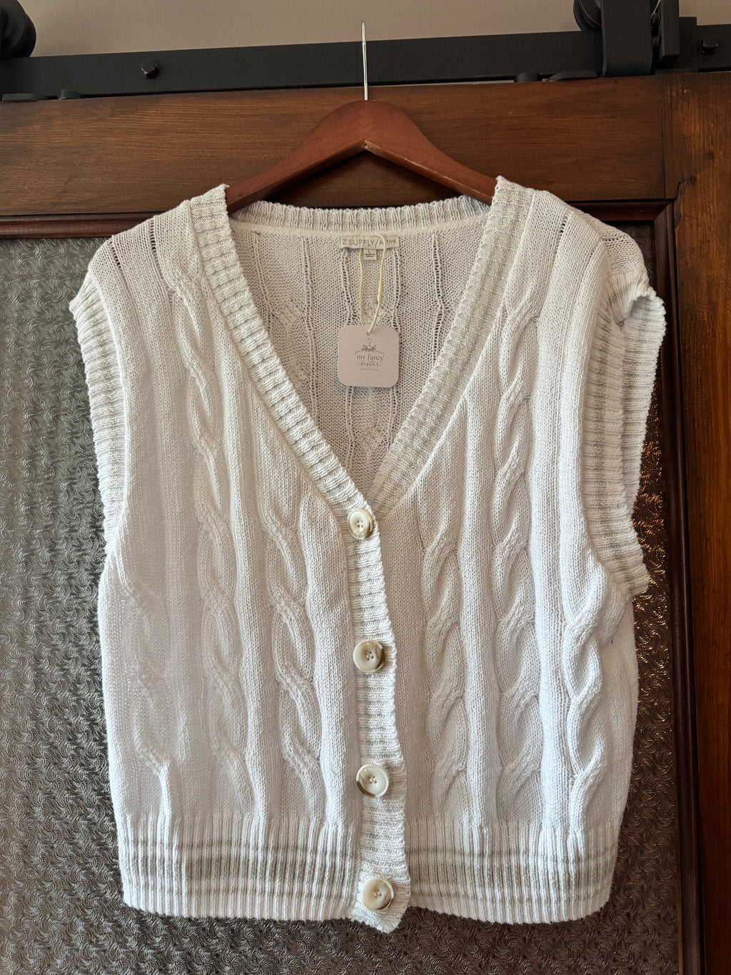 Z Supply Women's L White Cable Knit Sweater Vest Button Front V-Neck