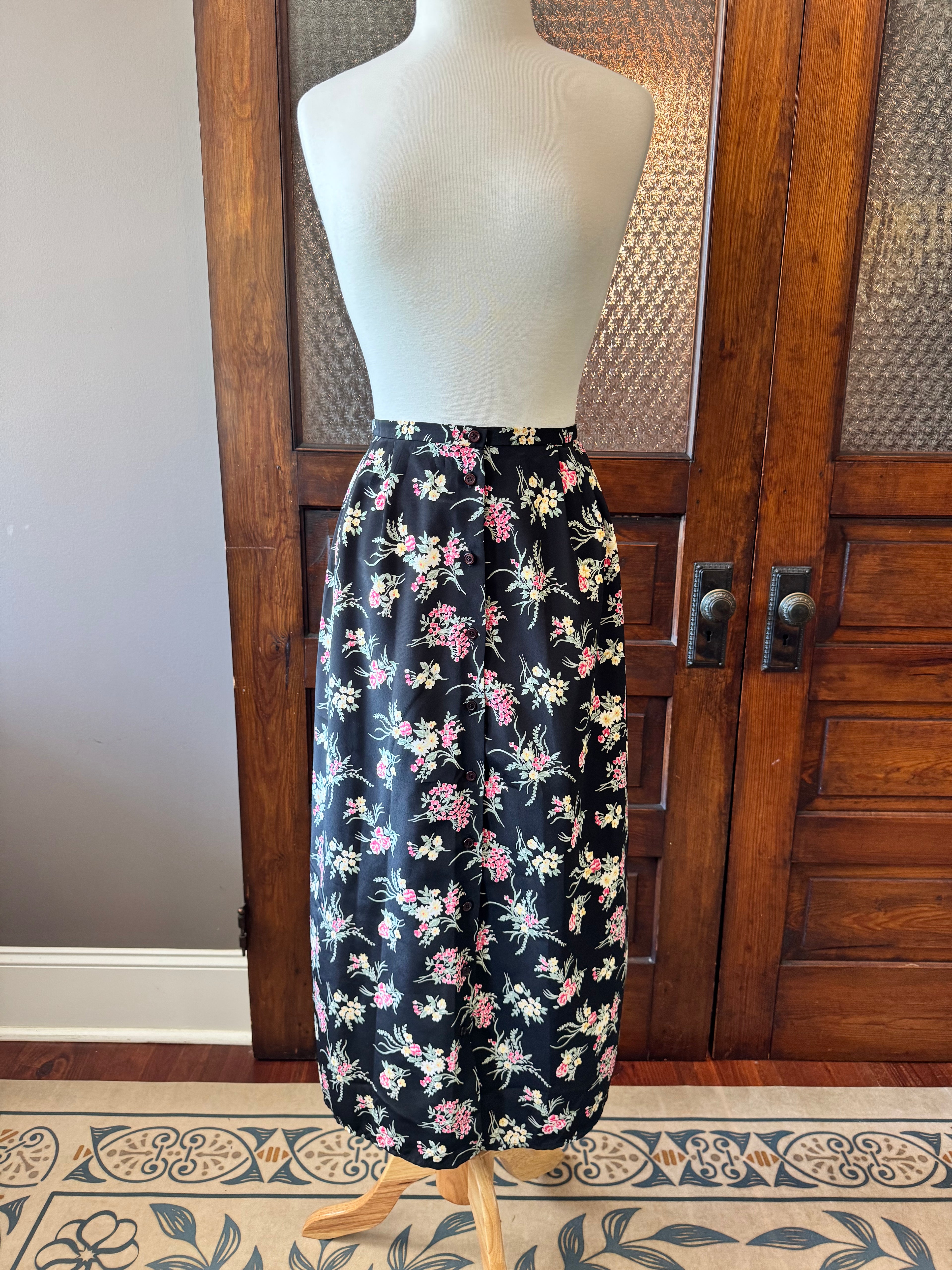 Vintage 1990s N Touch Black Floral Button-Front Maxi Skirt Size 14
