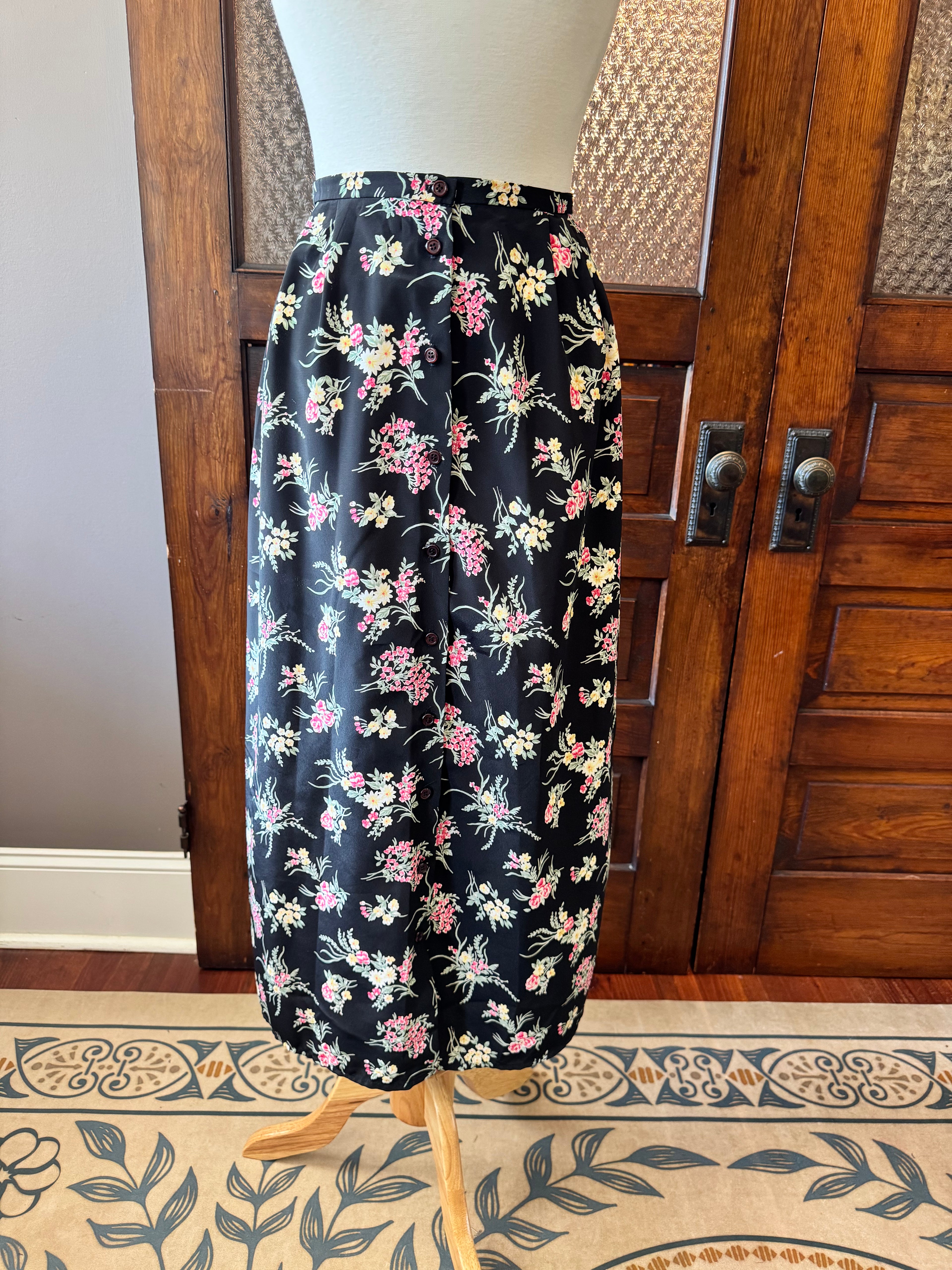 Vintage 1990s N Touch Black Floral Button-Front Maxi Skirt Size 14