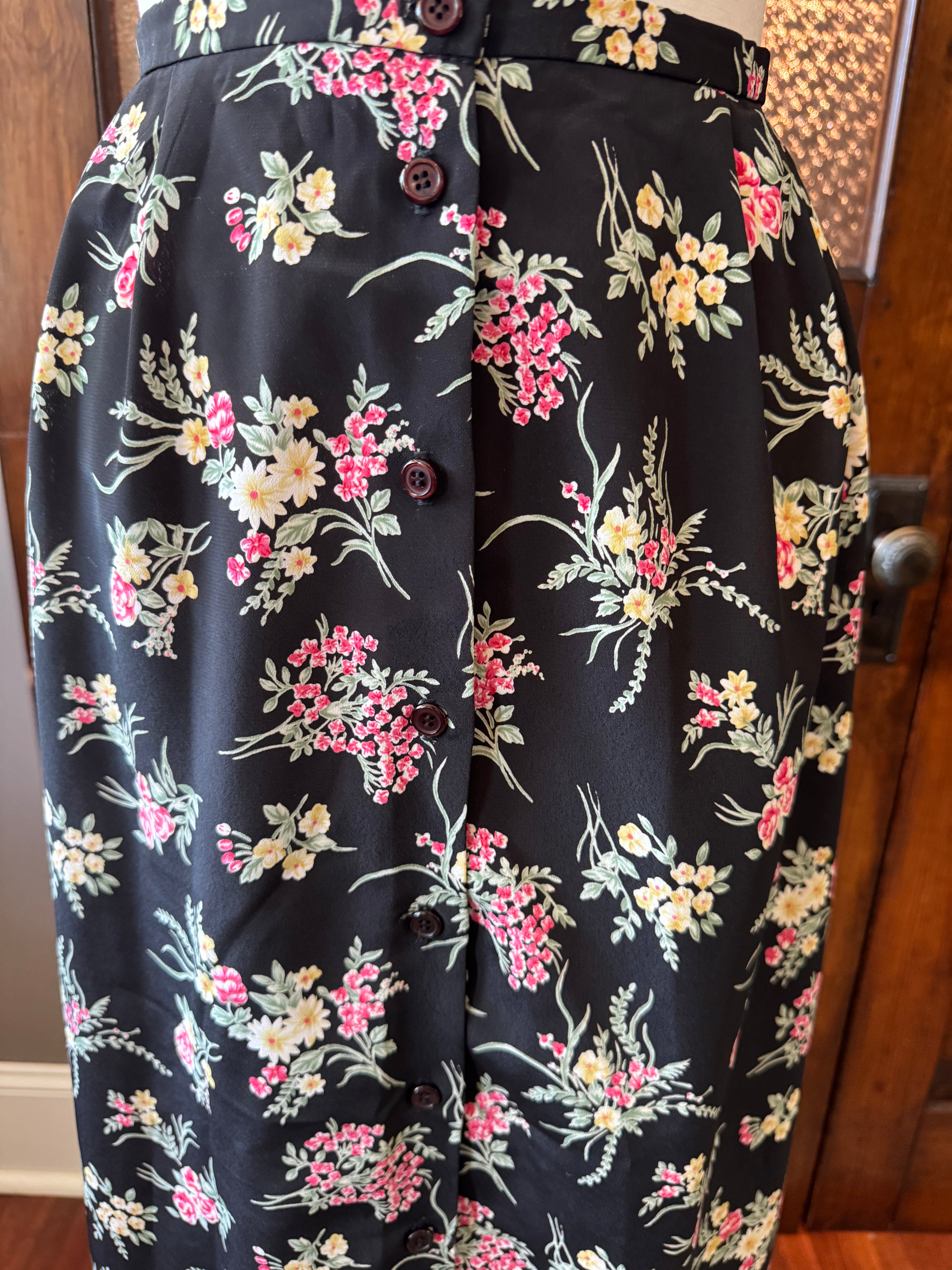 Vintage 1990s N Touch Black Floral Button-Front Maxi Skirt Size 14