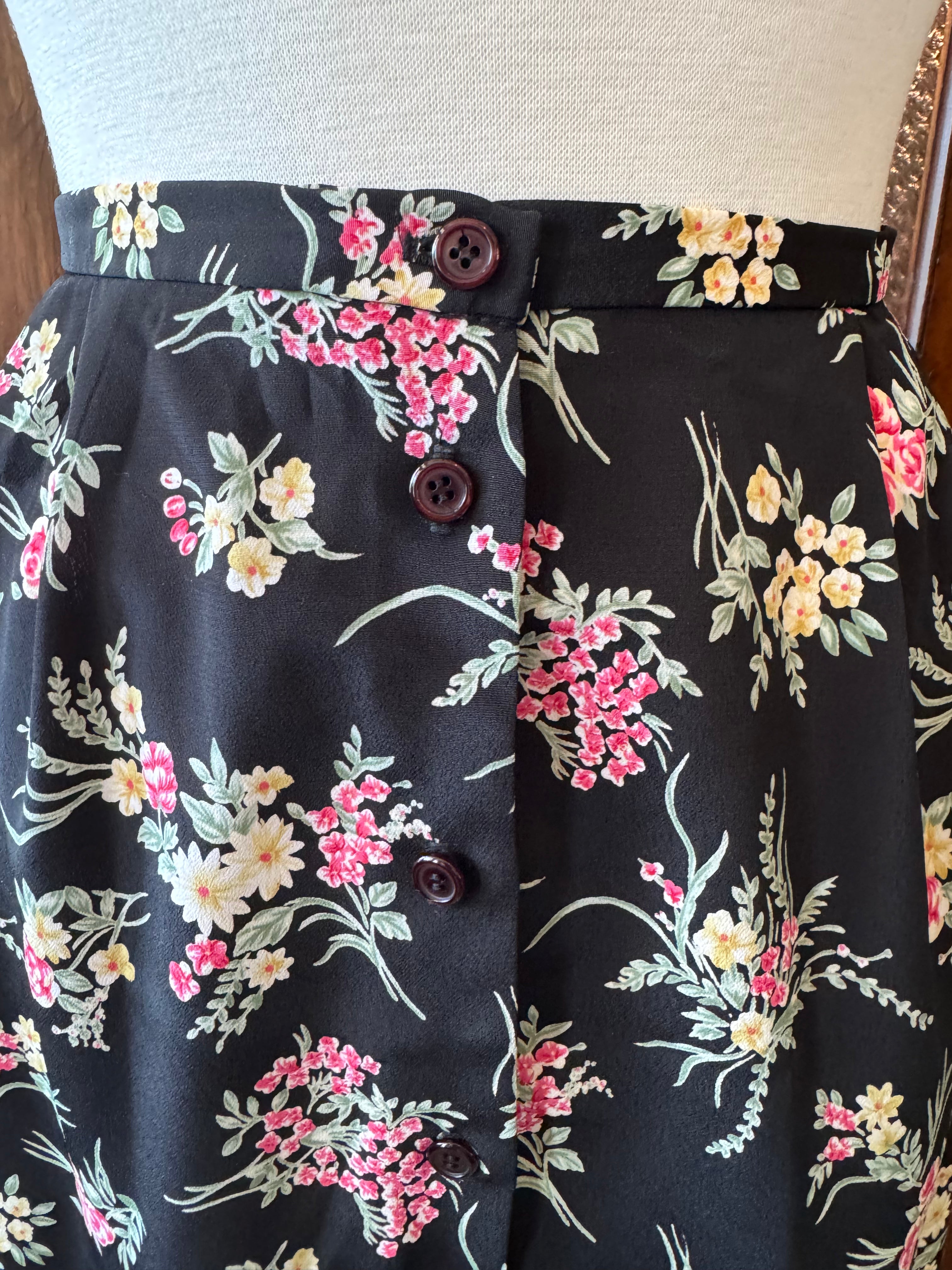 Vintage 1990s N Touch Black Floral Button-Front Maxi Skirt Size 14